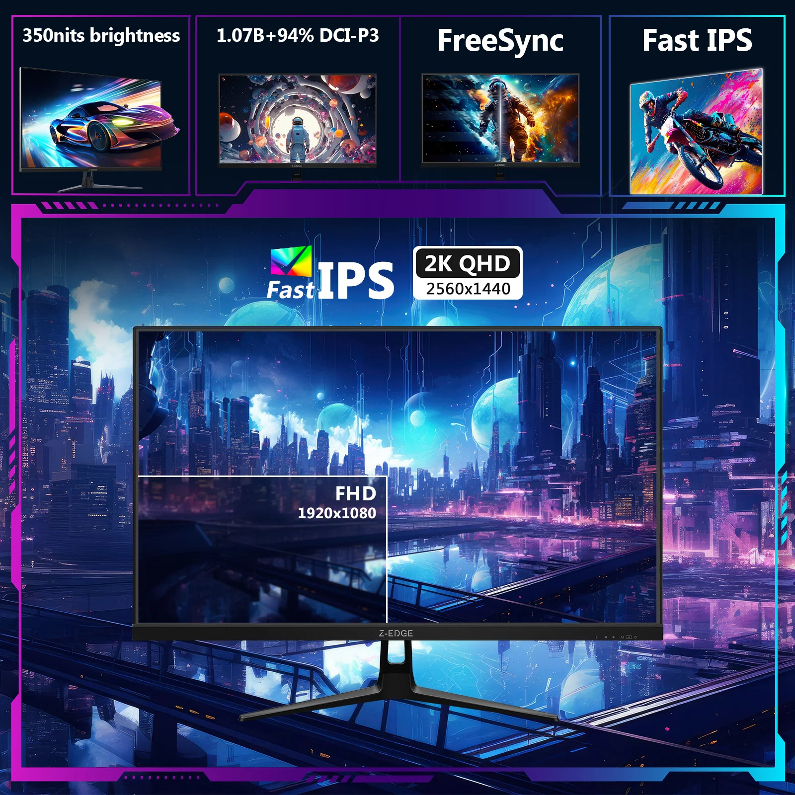 27 inch Gaming Monitor 144Hz 1ms, QHD 2560 x 1440 2K, Z-Edge UG27QF IPS Black Computer Monitor, HDR, Eye Care, HDMI x 2, DP x 2 - Image 9