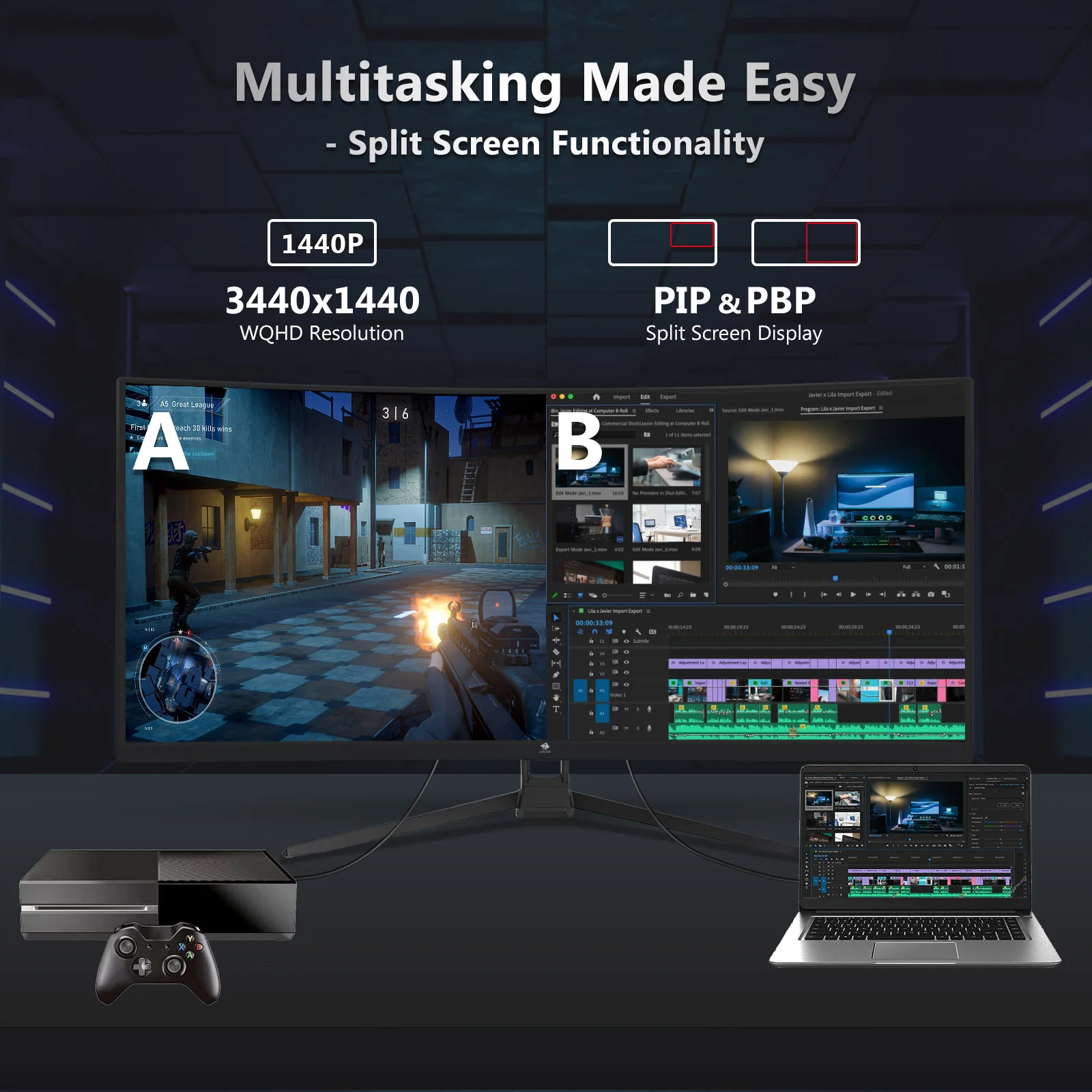 Z-EDGE UG34 34" Ultrawide 2K Curved Gaming Monitor with 165Hz Refresh Rate, 21:9 Aspect Ratio, 1ms MPRT, 3440x1440 Resolution, 1500R Curvature, VA Panel, 178 Viewing Angles, AMD Freesync - Image 3