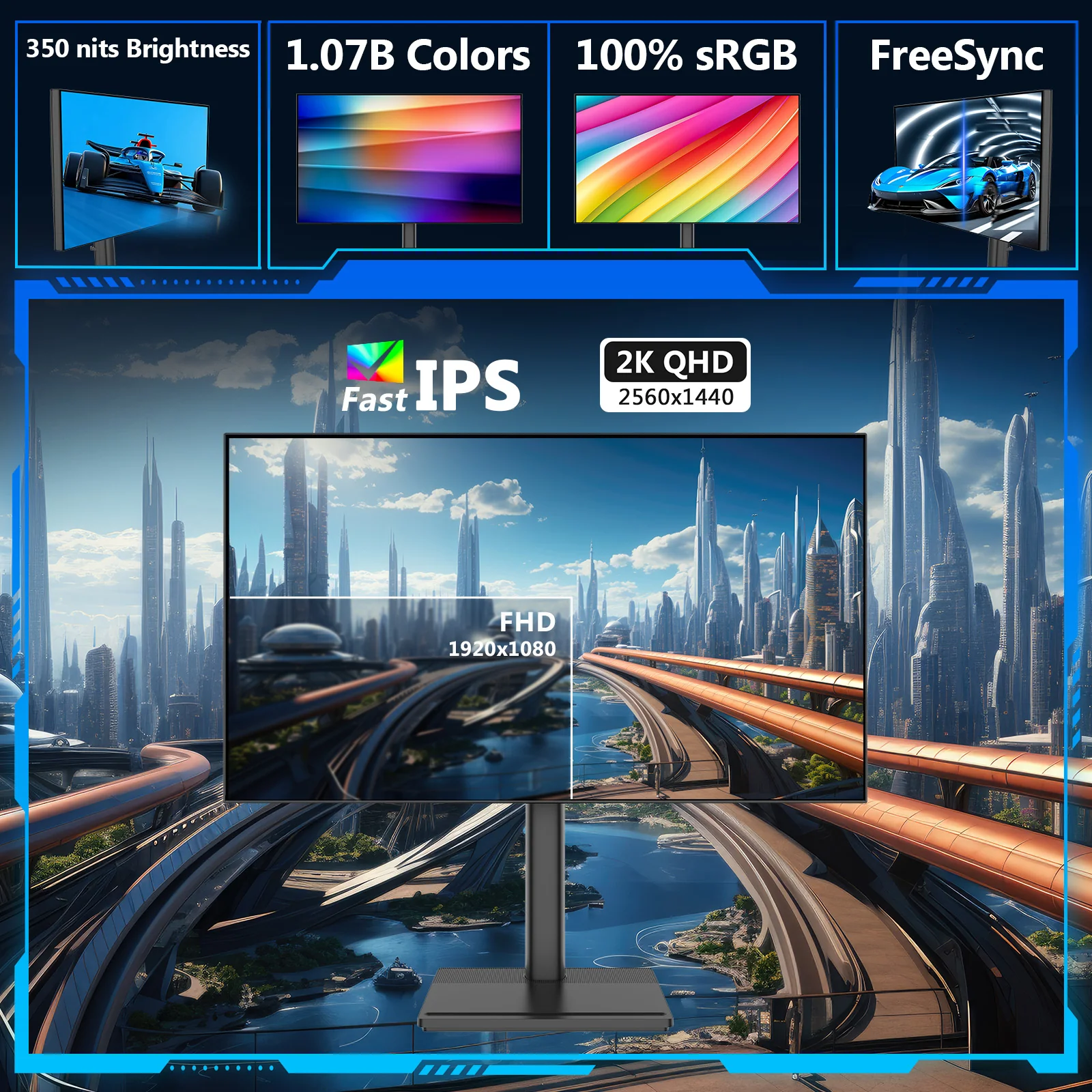 AGEX A27Q 27" 144Hz 2K QHD 2560x1440 Fast IPS 1ms Response Time LED Gaming Monitor, DP & HDMI ports PC Screen 1.07B Color 100% SRGB VESA 100x100mm - Image 3