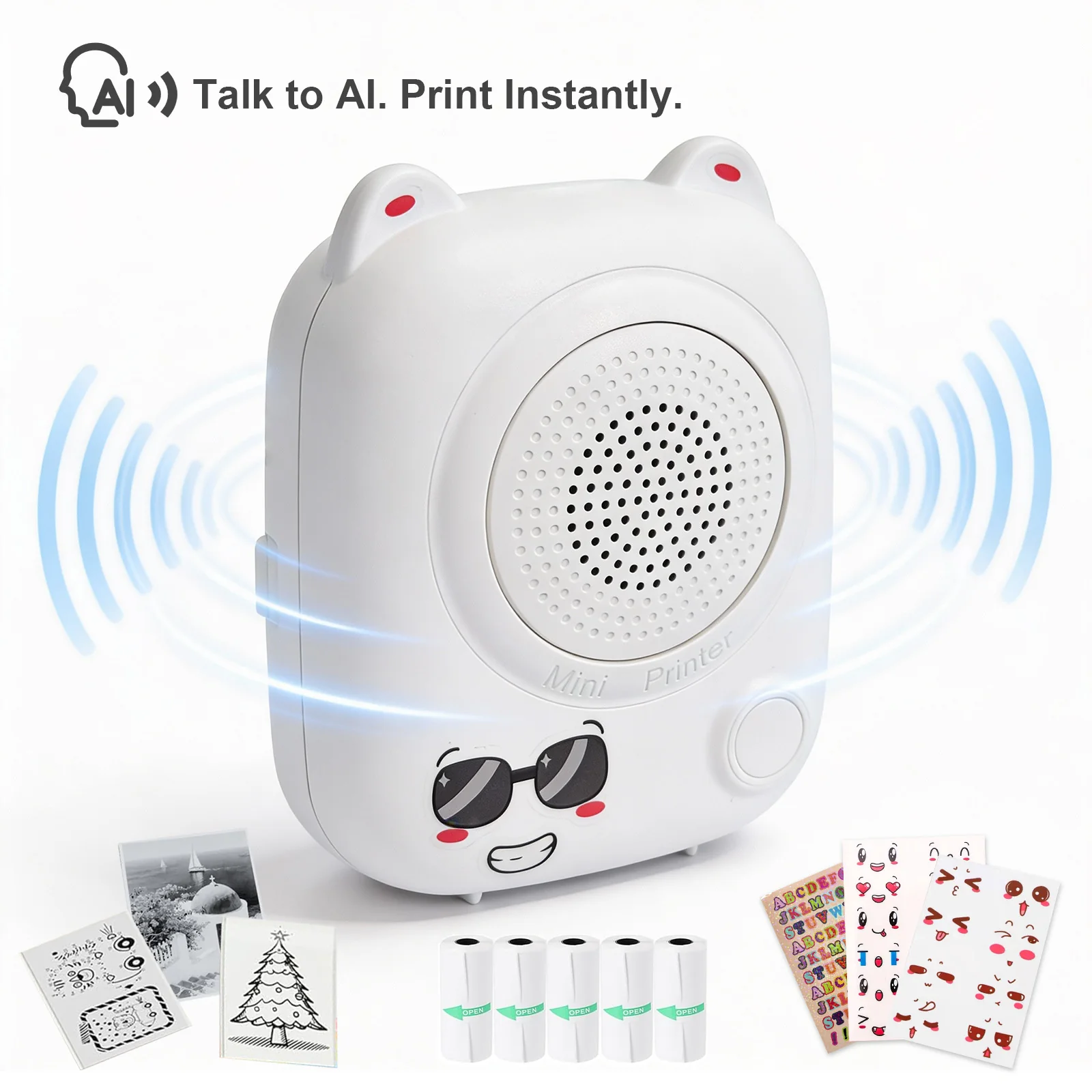 AI Mini Printer Sticker Print Portable Thermal Inkless Maker Bluetooth Pocket Instant Printing for School Office Home for Study Note,Journal,DIY,Gift