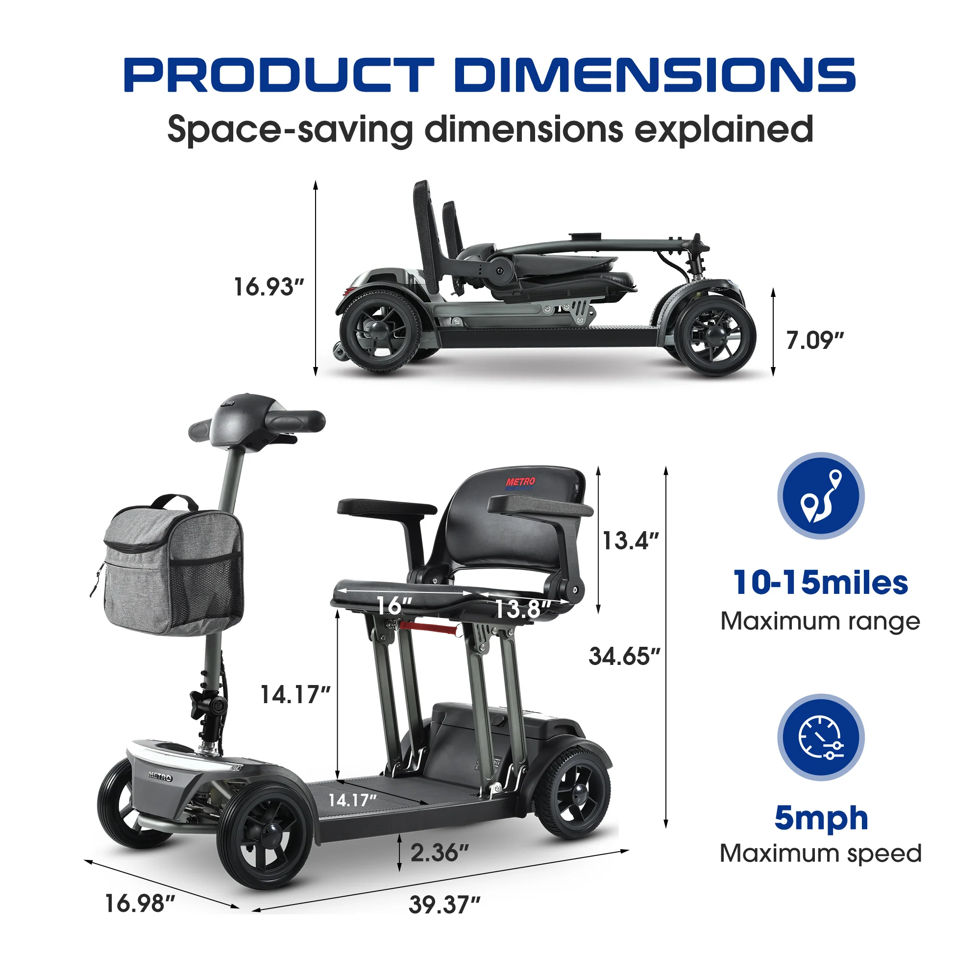 Metro Mobility Powered Scooters, 4 Wheel for Adults Seniors, 265 lbs Capacity Folding Lightweight, 10 Miles Long Travel Range, Air-line Approved Electric Wheelchair with USB Charger Port Black - Image 3