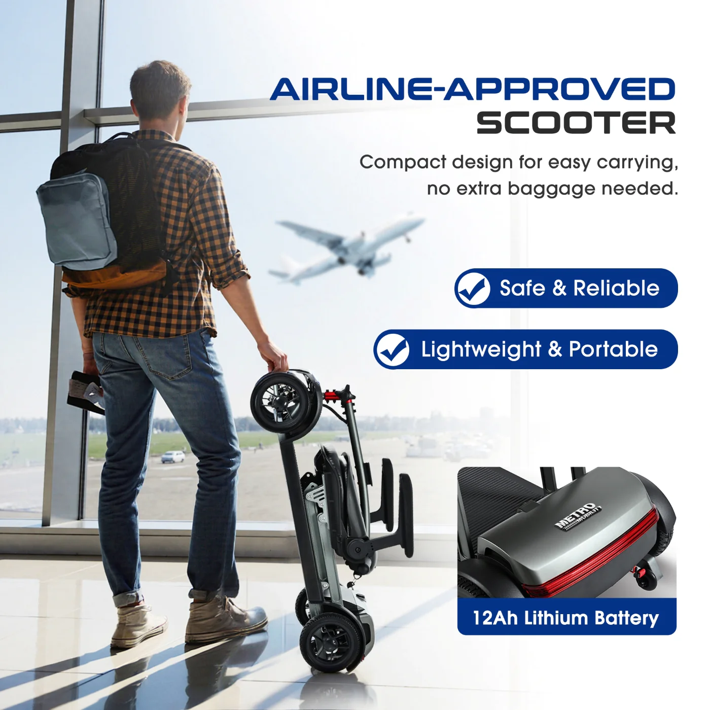Metro Mobility Powered Scooters, 4 Wheel for Adults Seniors, 265 lbs Capacity Folding Lightweight, 10 Miles Long Travel Range, Air-line Approved Electric Wheelchair with USB Charger Port Black - Image 4