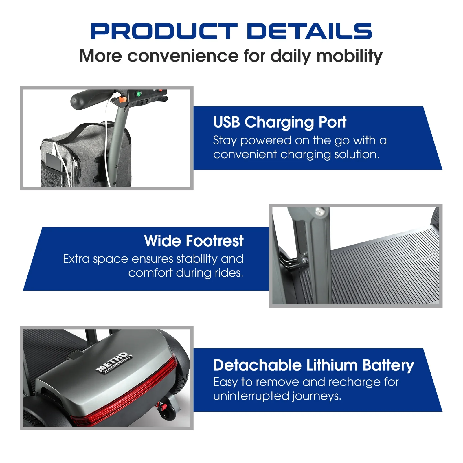 Metro Mobility Powered Scooters, 4 Wheel for Adults Seniors, 265 lbs Capacity Folding Lightweight, 10 Miles Long Travel Range, Air-line Approved Electric Wheelchair with USB Charger Port Black - Image 9