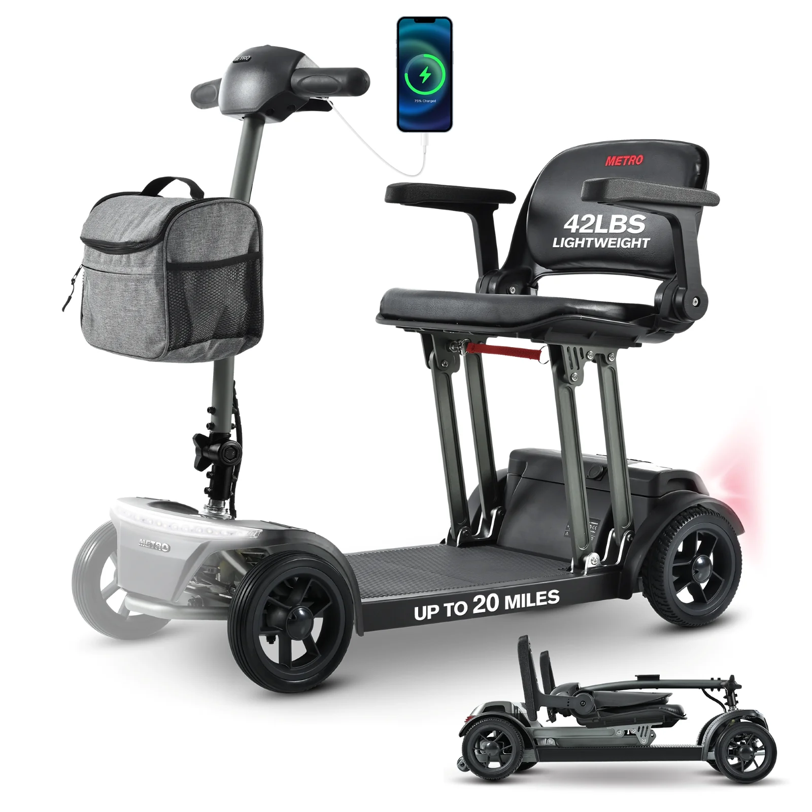 Metro Mobility Powered Scooters, 4 Wheel for Adults Seniors, 265 lbs Capacity Folding Lightweight, 20 Miles Long Travel Range, Air-line Approved Electric Wheelchair with USB Charger Port Black