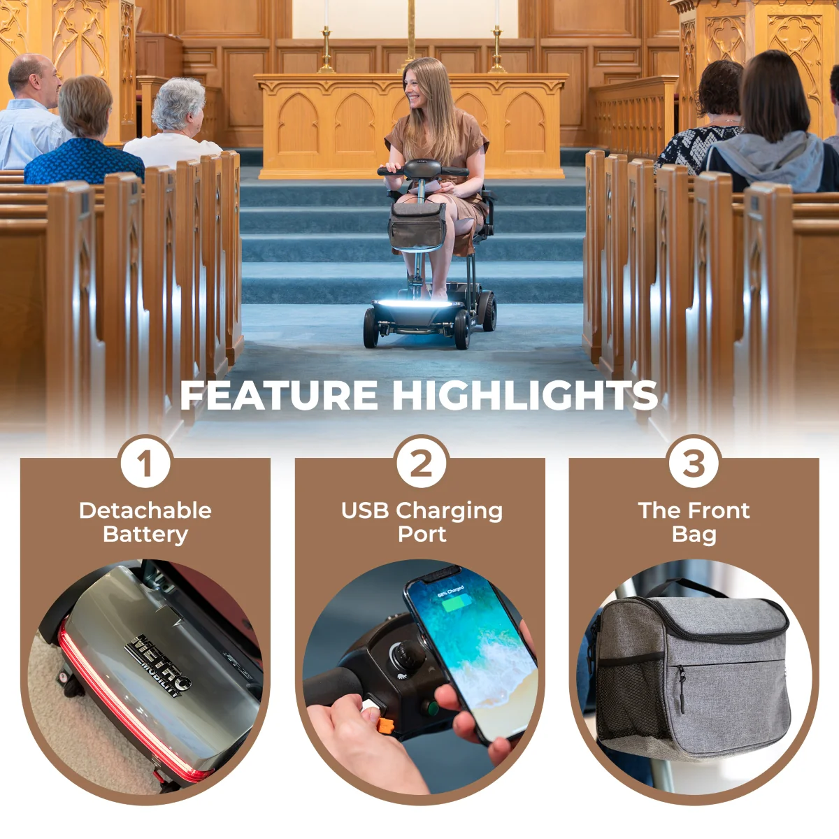 Metro Mobility Powered Scooters, 4 Wheel for Adults Seniors, 265 lbs Capacity Folding Lightweight, 20 Miles Long Travel Range, Air-line Approved Electric Wheelchair with USB Charger Port Black - Image 12