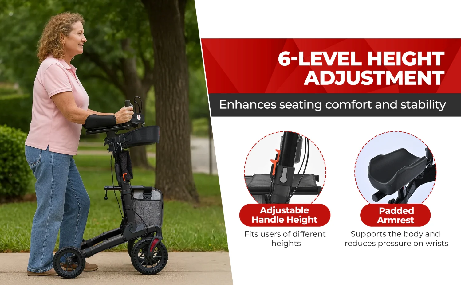 Metro Mobility M905BU Rollator Walker with Seat for Seniors, 10" Big Front Shock-Absorbing Wheels for All Terrain, 300 lb. Weight Capacity, Black - Image 2