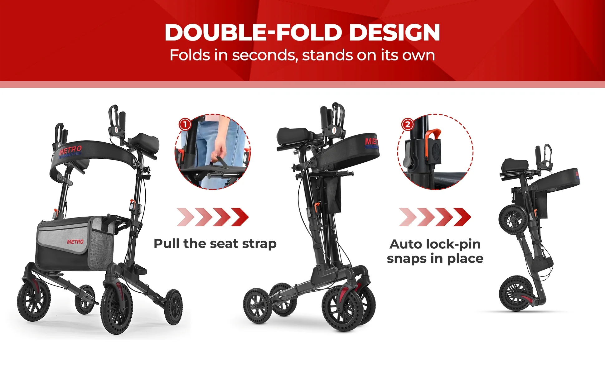 Metro Mobility M905BU Rollator Walker with Seat for Seniors, 10" Big Front Shock-Absorbing Wheels for All Terrain, 300 lb. Weight Capacity, Black - Image 3
