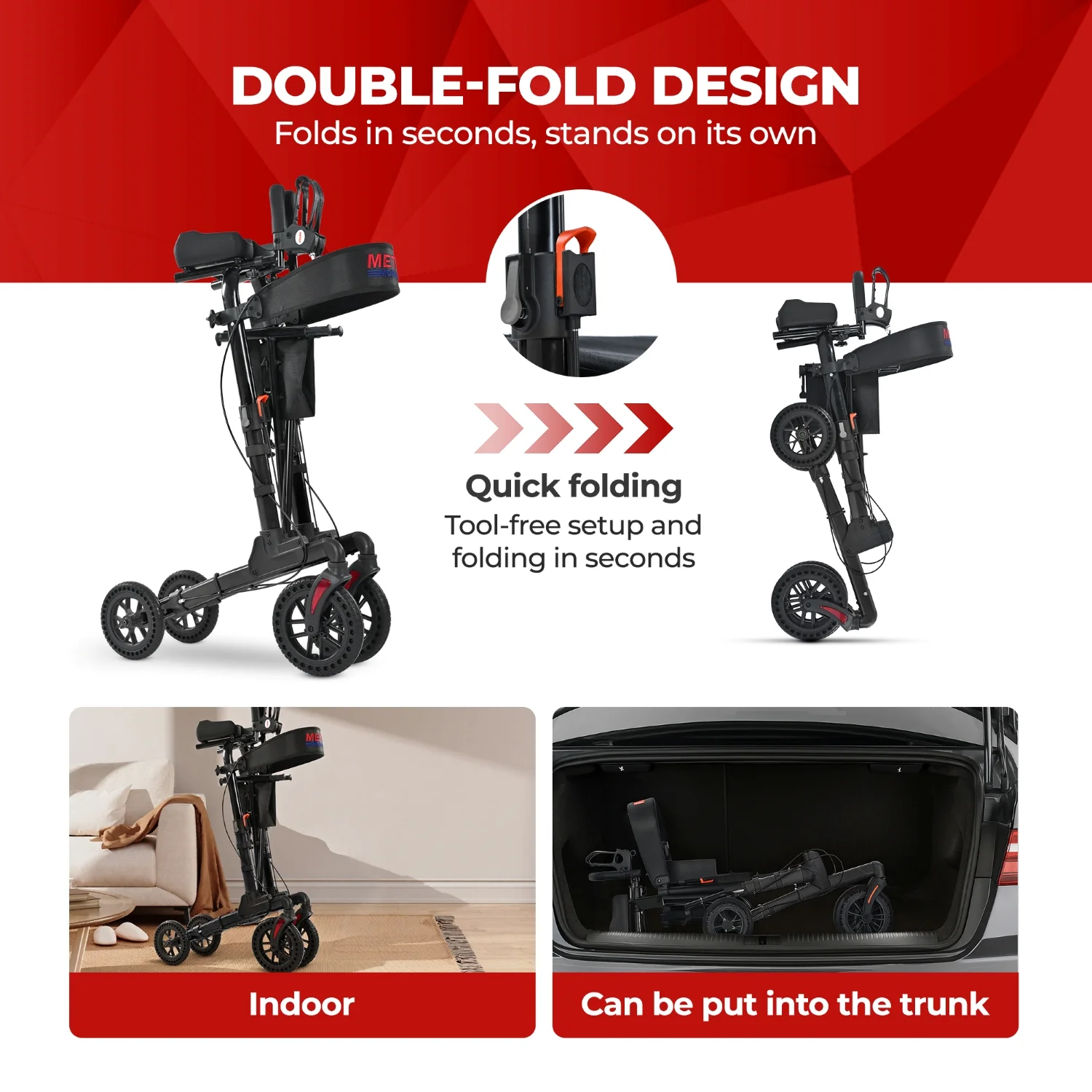 Metro Mobility M905BU Rollator Walker with Seat for Seniors, 10" Big Front Shock-Absorbing Wheels for All Terrain, 300 lb. Weight Capacity, Black - Image 6