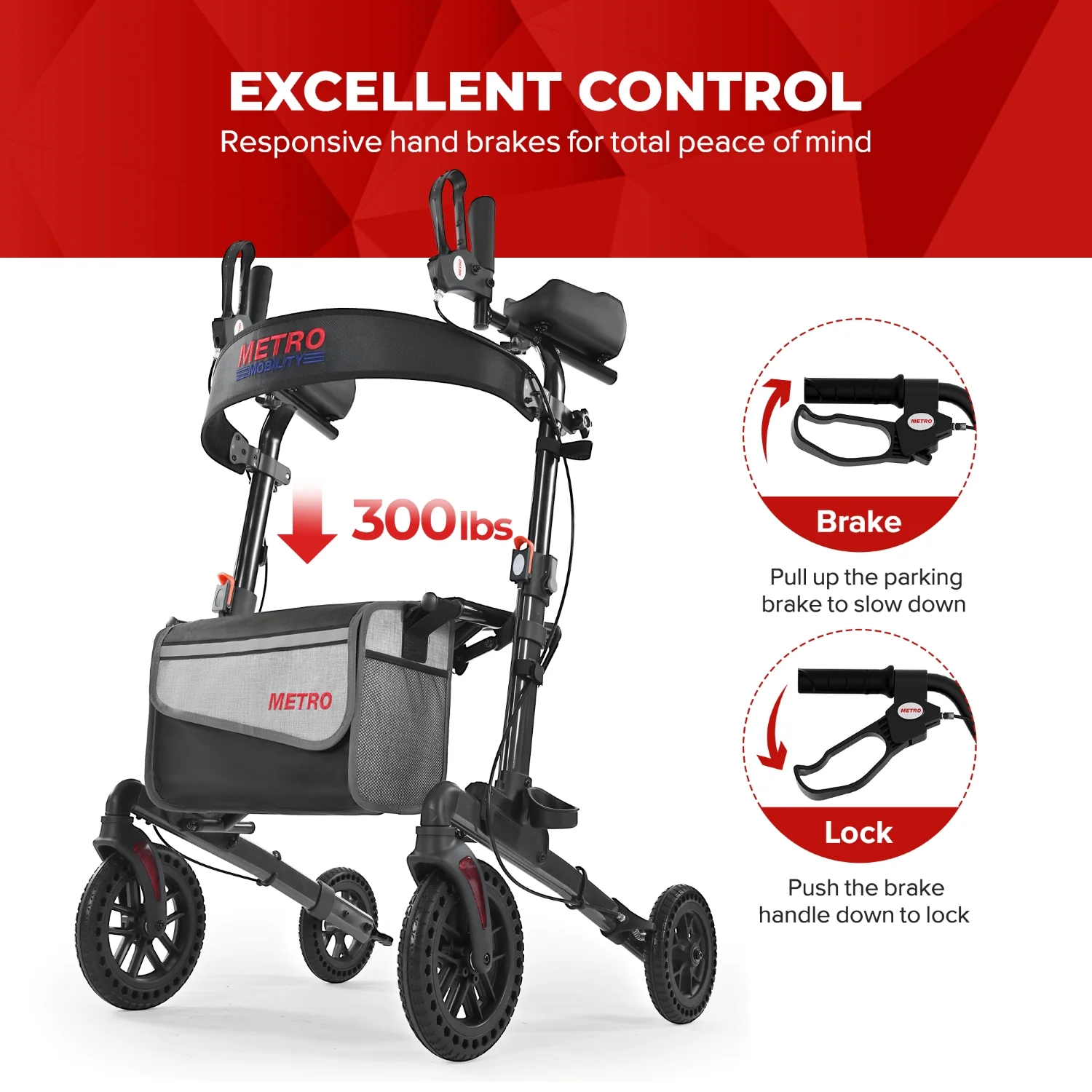 Metro Mobility M905BU Rollator Walker with Seat for Seniors, 10" Big Front Shock-Absorbing Wheels for All Terrain, 300 lb. Weight Capacity, Black - Image 7