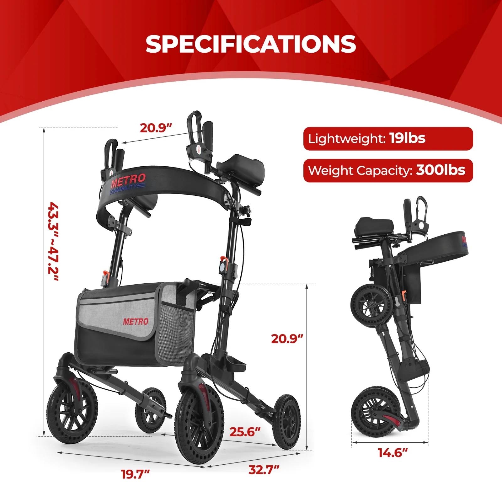 Metro Mobility M905BU Rollator Walker with Seat for Seniors, 10" Big Front Shock-Absorbing Wheels for All Terrain, 300 lb. Weight Capacity, Black - Image 9