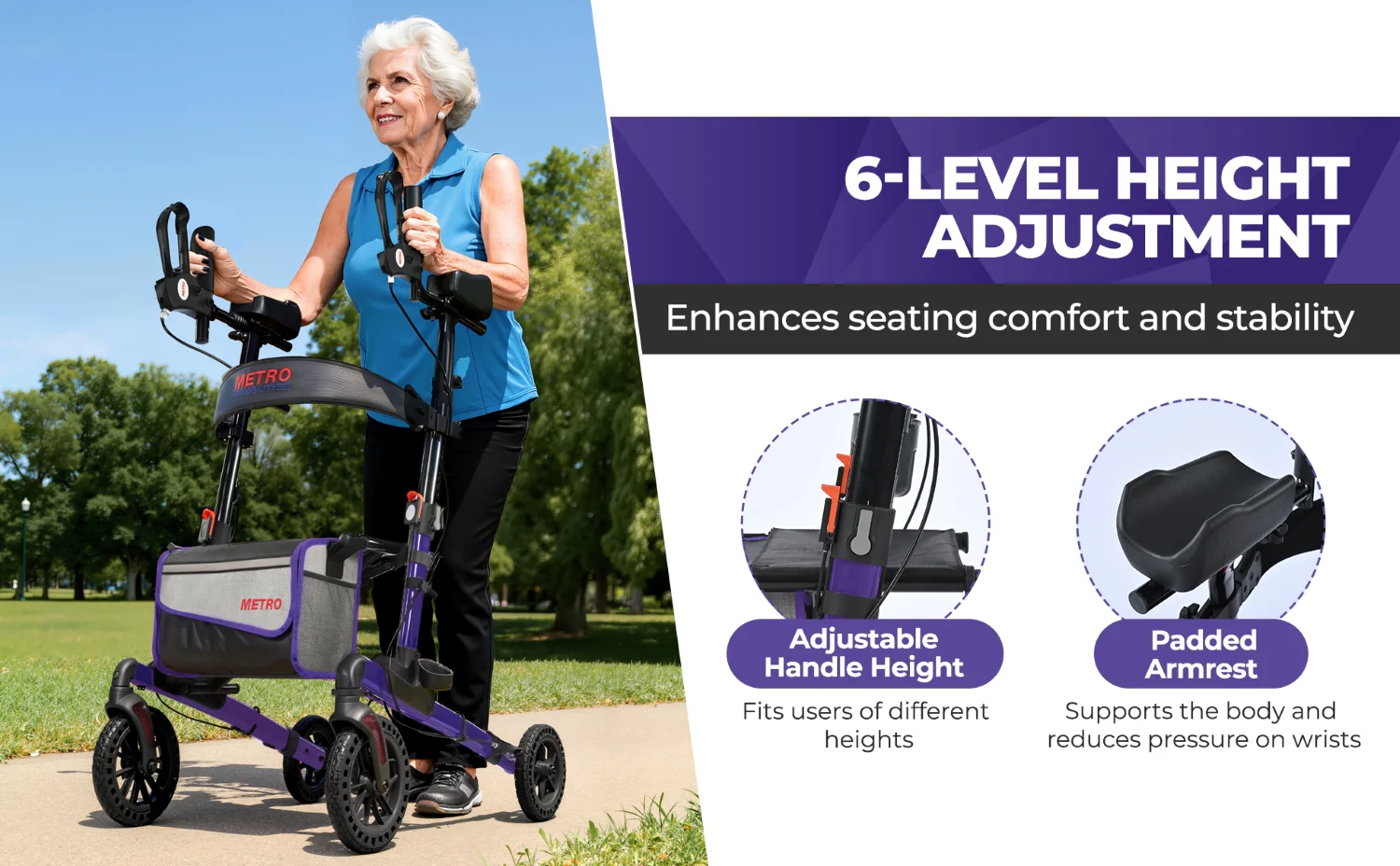 Metro Mobility M905BU Rollator Walker with Seat for Seniors, 10" Big Front Shock-Absorbing Wheels for All Terrain, 300 lb. Weight Capacity, Purple - Image 2