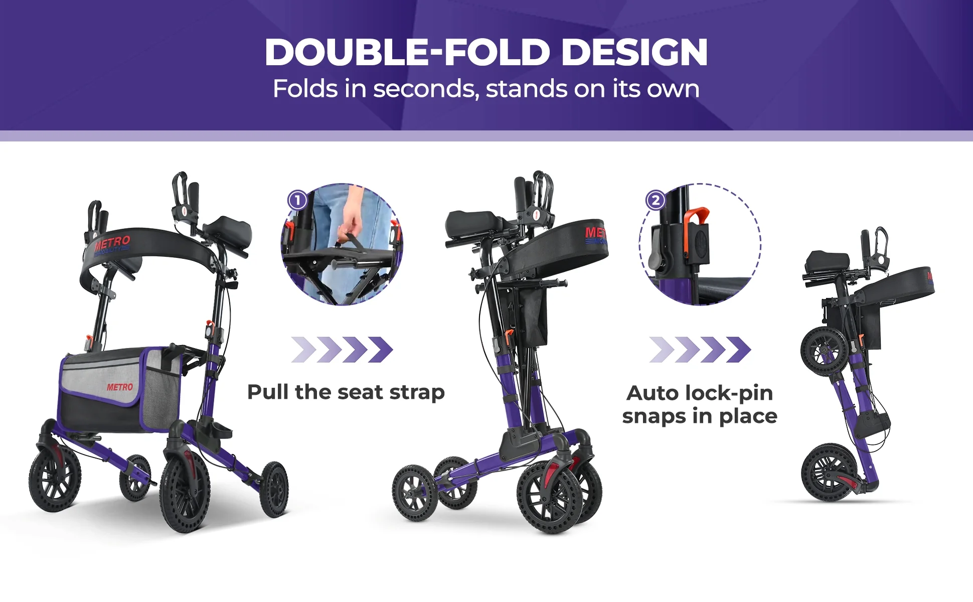 Metro Mobility M905BU Rollator Walker with Seat for Seniors, 10" Big Front Shock-Absorbing Wheels for All Terrain, 300 lb. Weight Capacity, Purple - Image 3