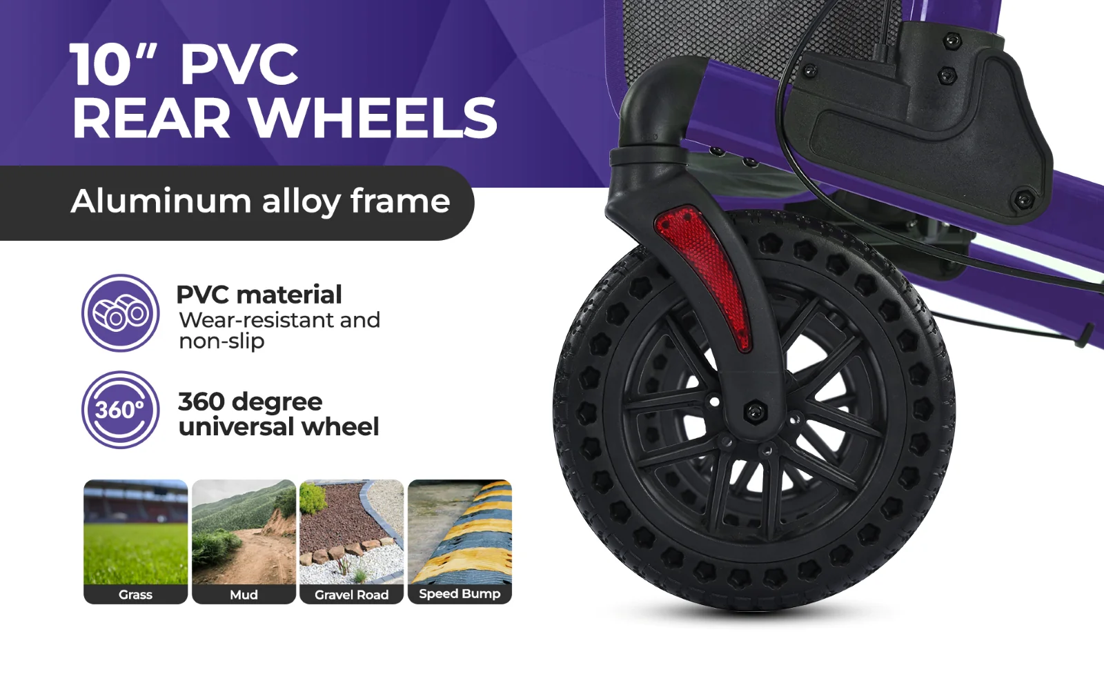 Metro Mobility M905BU Rollator Walker with Seat for Seniors, 10" Big Front Shock-Absorbing Wheels for All Terrain, 300 lb. Weight Capacity, Purple - Image 4