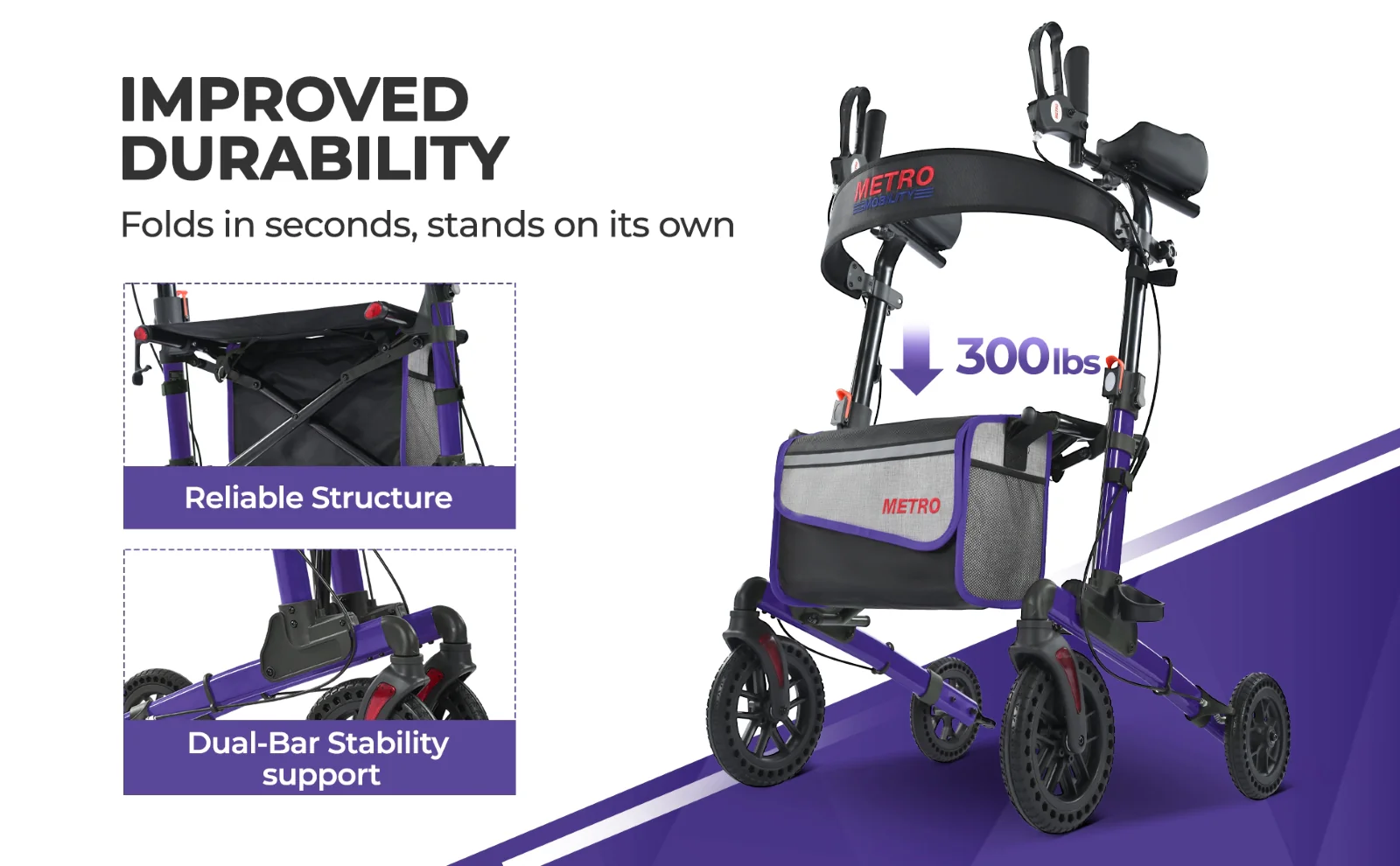 Metro Mobility M905BU Rollator Walker with Seat for Seniors, 10" Big Front Shock-Absorbing Wheels for All Terrain, 300 lb. Weight Capacity, Purple - Image 5