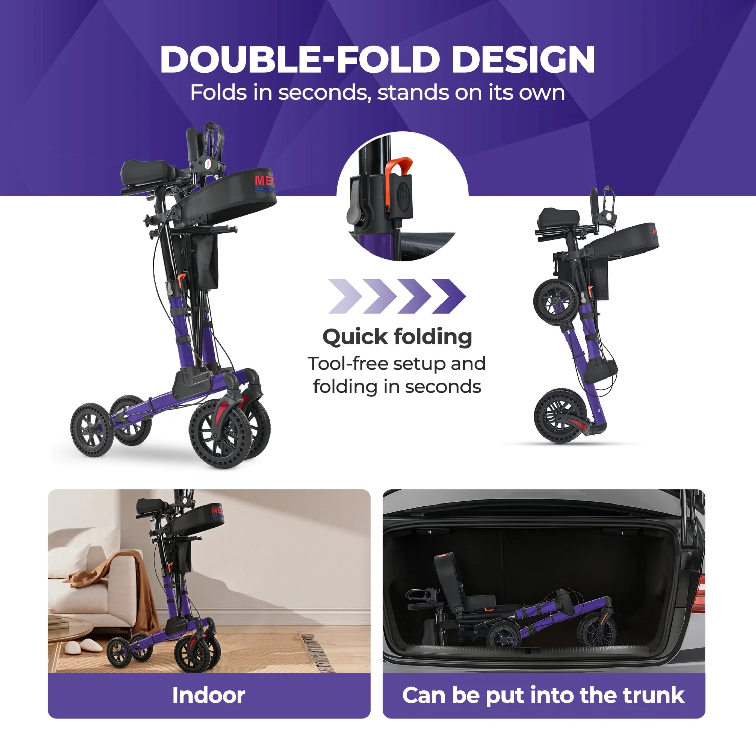 Metro Mobility M905BU Rollator Walker with Seat for Seniors, 10" Big Front Shock-Absorbing Wheels for All Terrain, 300 lb. Weight Capacity, Purple - Image 6