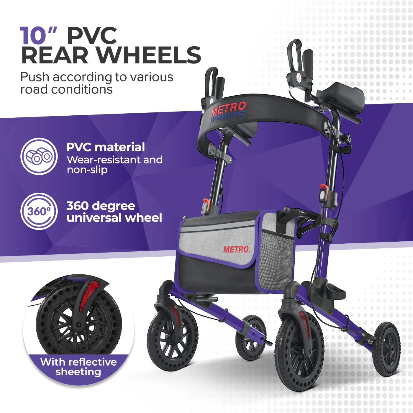 Metro Mobility M905BU Rollator Walker with Seat for Seniors, 10" Big Front Shock-Absorbing Wheels for All Terrain, 300 lb. Weight Capacity, Purple - Image 7