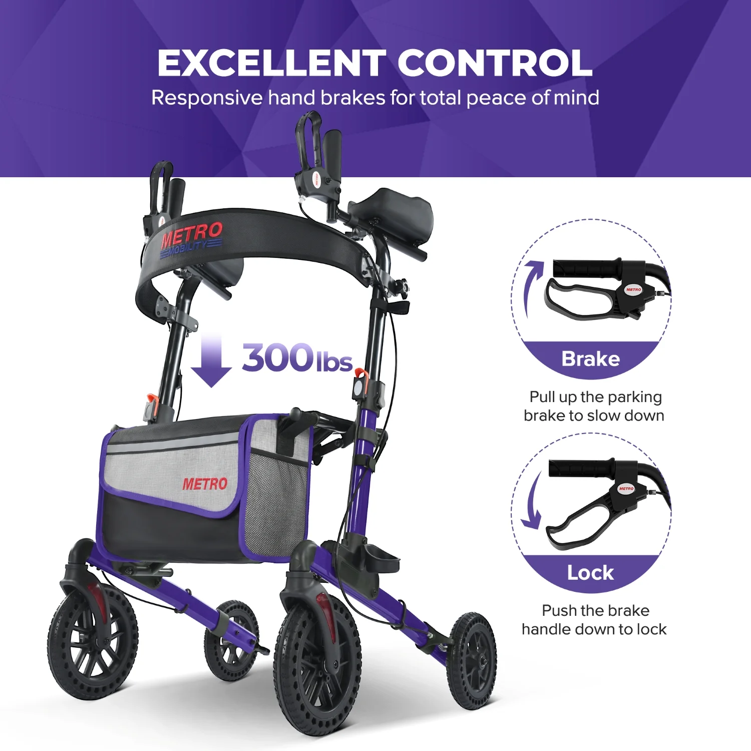 Metro Mobility M905BU Rollator Walker with Seat for Seniors, 10" Big Front Shock-Absorbing Wheels for All Terrain, 300 lb. Weight Capacity, Purple - Image 8