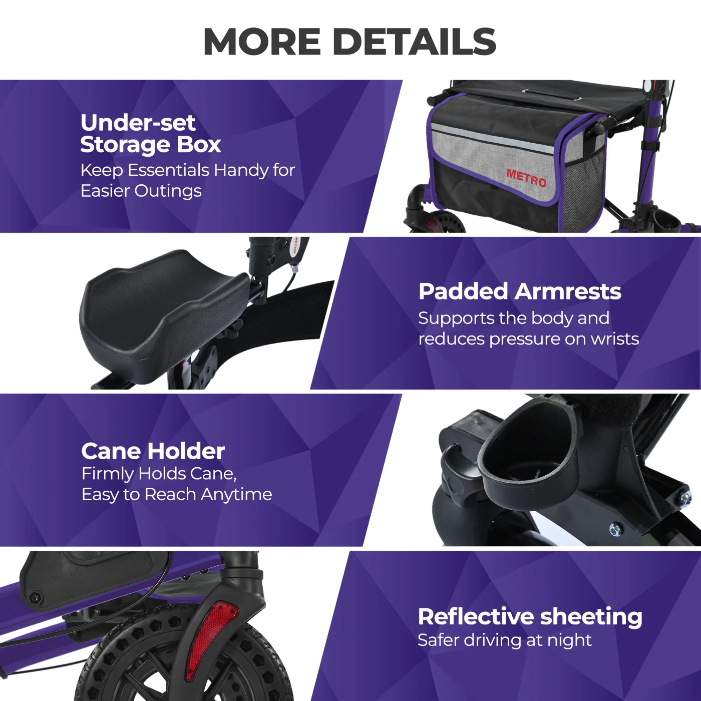 Metro Mobility M905BU Rollator Walker with Seat for Seniors, 10" Big Front Shock-Absorbing Wheels for All Terrain, 300 lb. Weight Capacity, Purple - Image 9