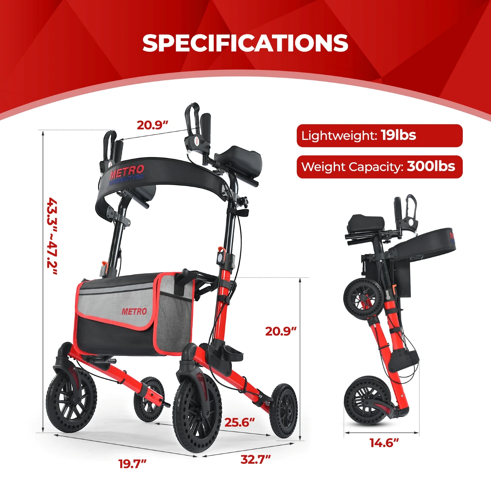 Metro Mobility M905BU Rollator Walker with Seat for Seniors, 10" Big Front Shock-Absorbing Wheels for All Terrain, 300 lb. Weight Capacity, Red - Image 10