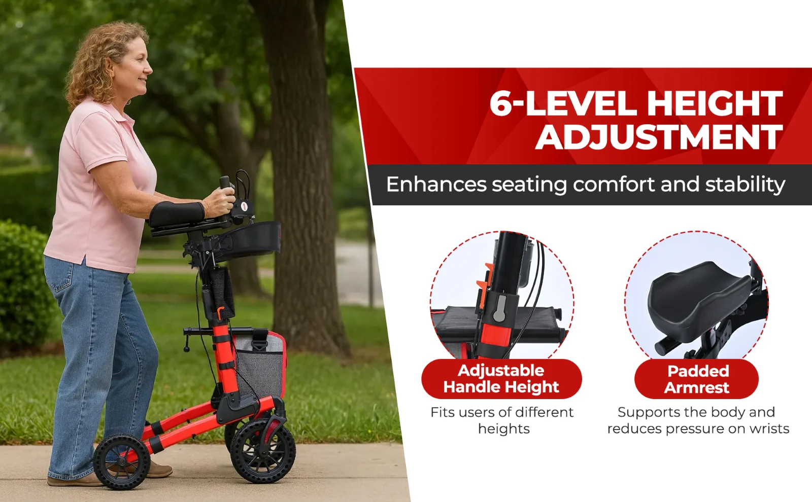 Metro Mobility M905BU Rollator Walker with Seat for Seniors, 10" Big Front Shock-Absorbing Wheels for All Terrain, 300 lb. Weight Capacity, Red - Image 2