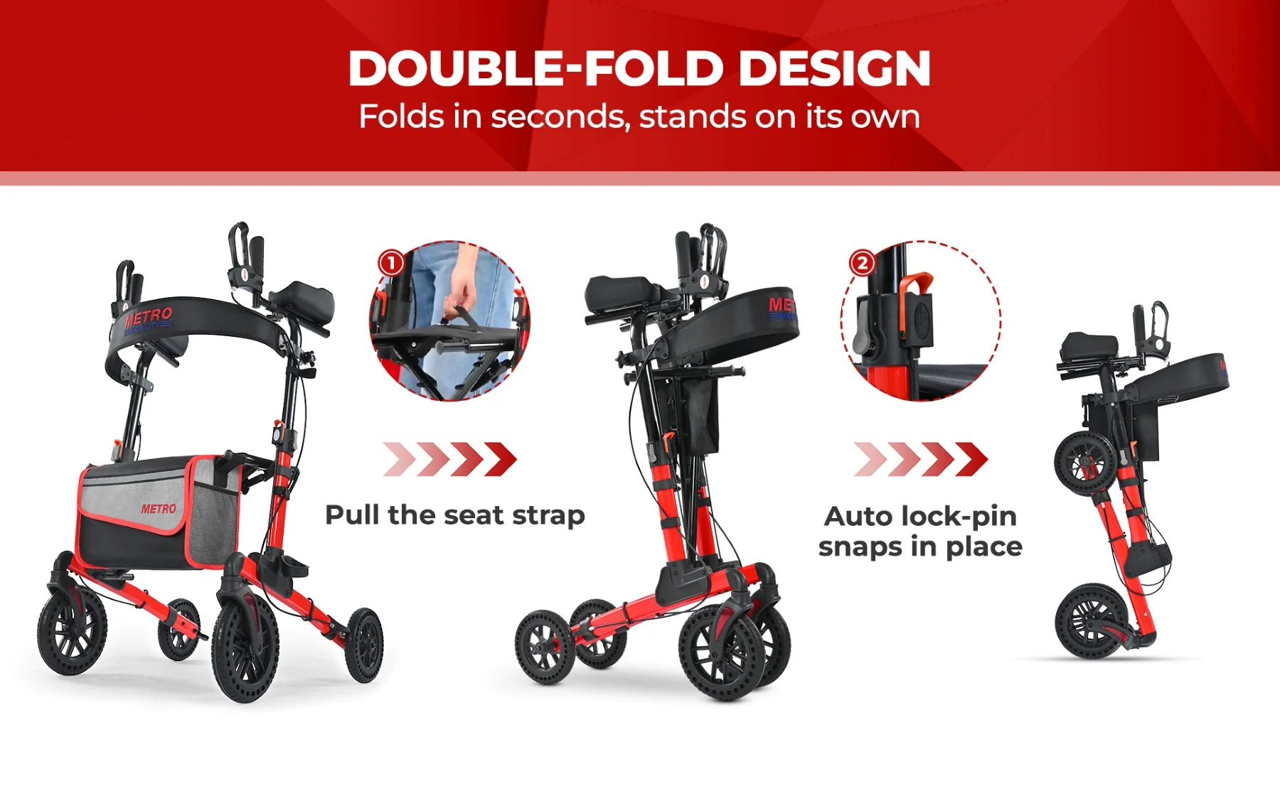 Metro Mobility M905BU Rollator Walker with Seat for Seniors, 10" Big Front Shock-Absorbing Wheels for All Terrain, 300 lb. Weight Capacity, Red - Image 3