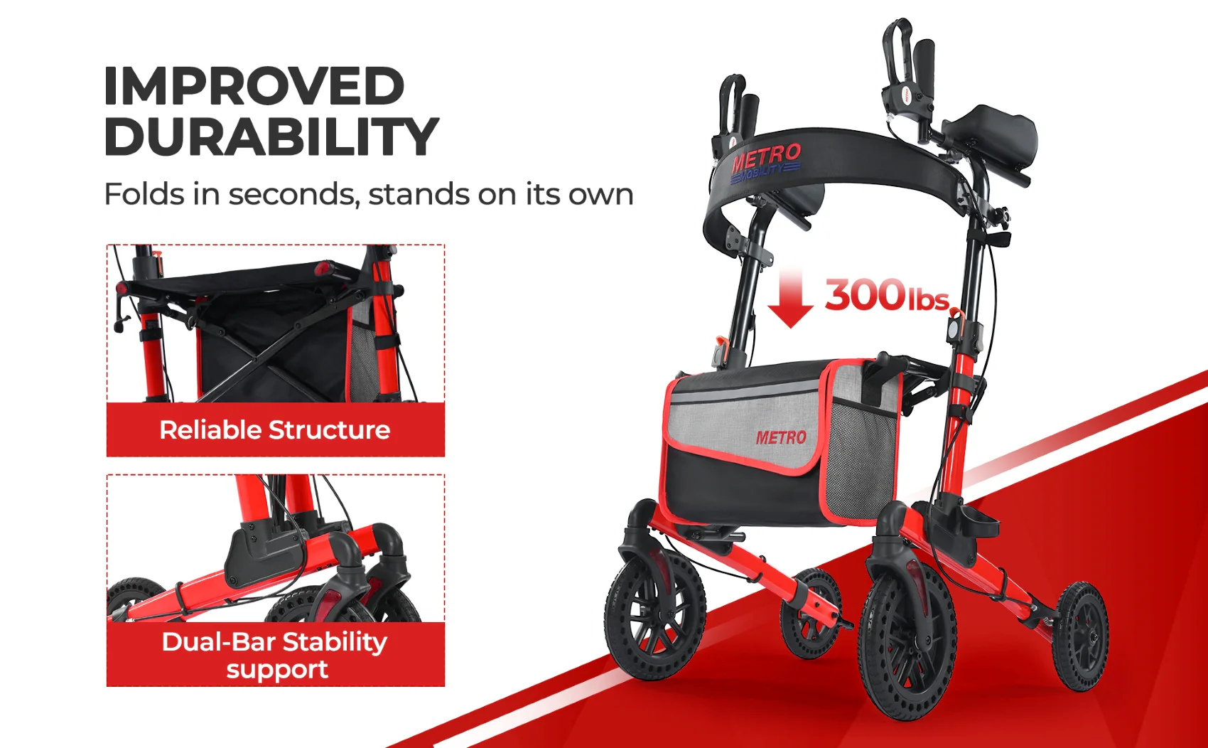 Metro Mobility M905BU Rollator Walker with Seat for Seniors, 10" Big Front Shock-Absorbing Wheels for All Terrain, 300 lb. Weight Capacity, Red - Image 5