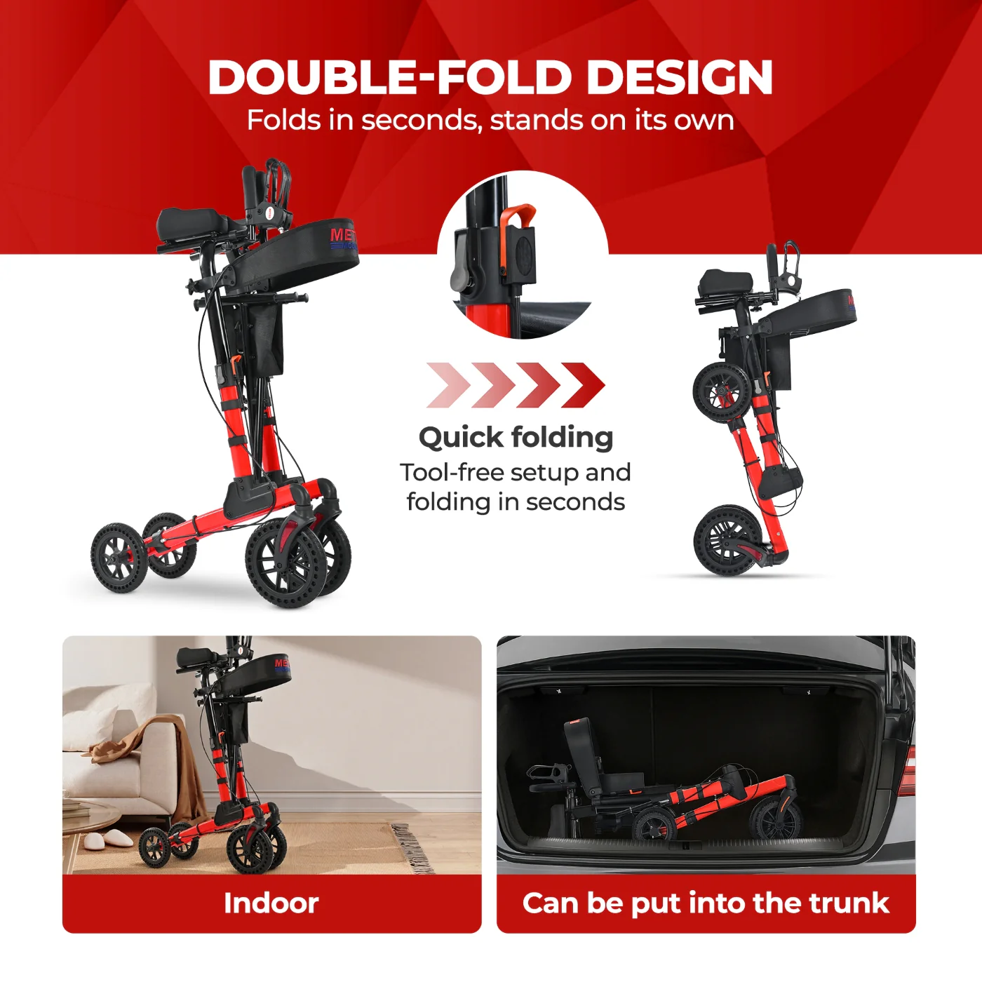 Metro Mobility M905BU Rollator Walker with Seat for Seniors, 10" Big Front Shock-Absorbing Wheels for All Terrain, 300 lb. Weight Capacity, Red - Image 6