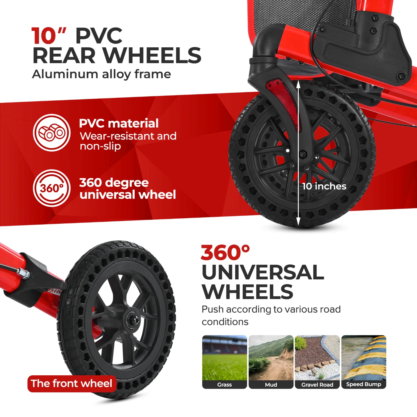 Metro Mobility M905BU Rollator Walker with Seat for Seniors, 10" Big Front Shock-Absorbing Wheels for All Terrain, 300 lb. Weight Capacity, Red - Image 7