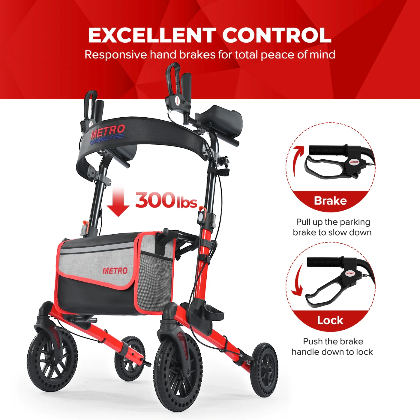 Metro Mobility M905BU Rollator Walker with Seat for Seniors, 10" Big Front Shock-Absorbing Wheels for All Terrain, 300 lb. Weight Capacity, Red - Image 8