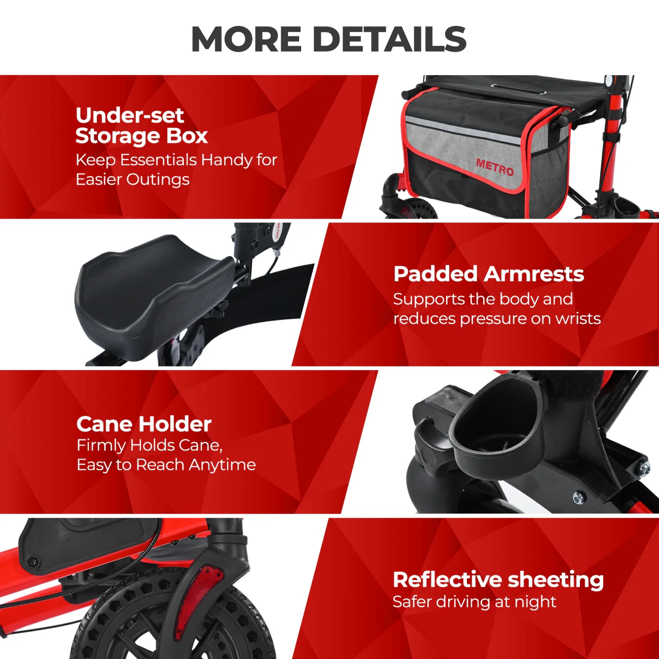 Metro Mobility M905BU Rollator Walker with Seat for Seniors, 10" Big Front Shock-Absorbing Wheels for All Terrain, 300 lb. Weight Capacity, Red - Image 9