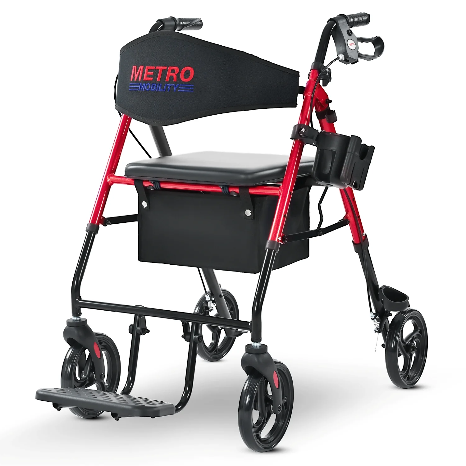 Metro Mobility M913P 2 in 1 Rollator Walker & Transport Wheelchair for Seniors, 8" Big Wheels with Seat for All Terrain, 300 lb. Weight Capacity, Red