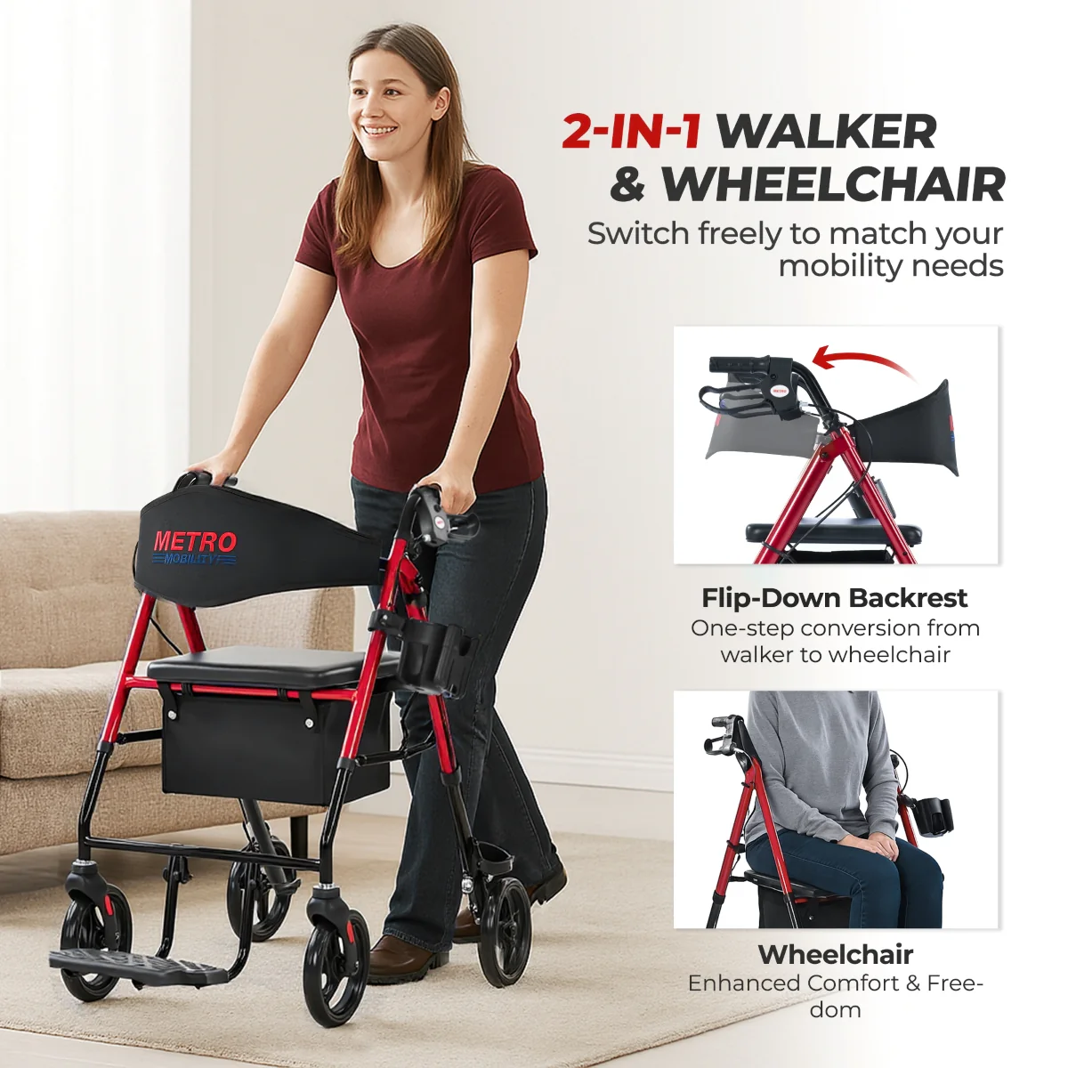 Metro Mobility M913P 2 in 1 Rollator Walker & Transport Wheelchair for Seniors, 8" Big Wheels with Seat for All Terrain, 300 lb. Weight Capacity, Red - Image 2