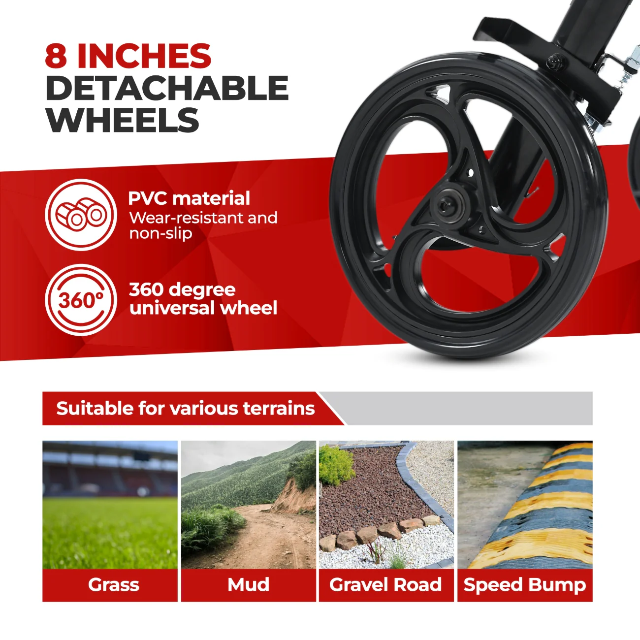 Metro Mobility M913P 2 in 1 Rollator Walker & Transport Wheelchair for Seniors, 8" Big Wheels with Seat for All Terrain, 300 lb. Weight Capacity, Red - Image 3