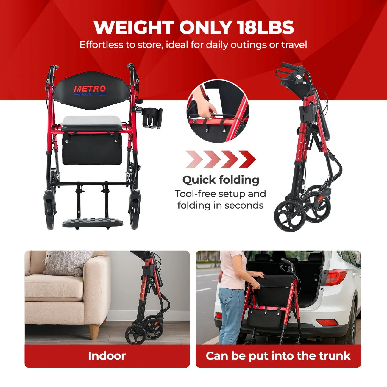 Metro Mobility M913P 2 in 1 Rollator Walker & Transport Wheelchair for Seniors, 8" Big Wheels with Seat for All Terrain, 300 lb. Weight Capacity, Red - Image 4
