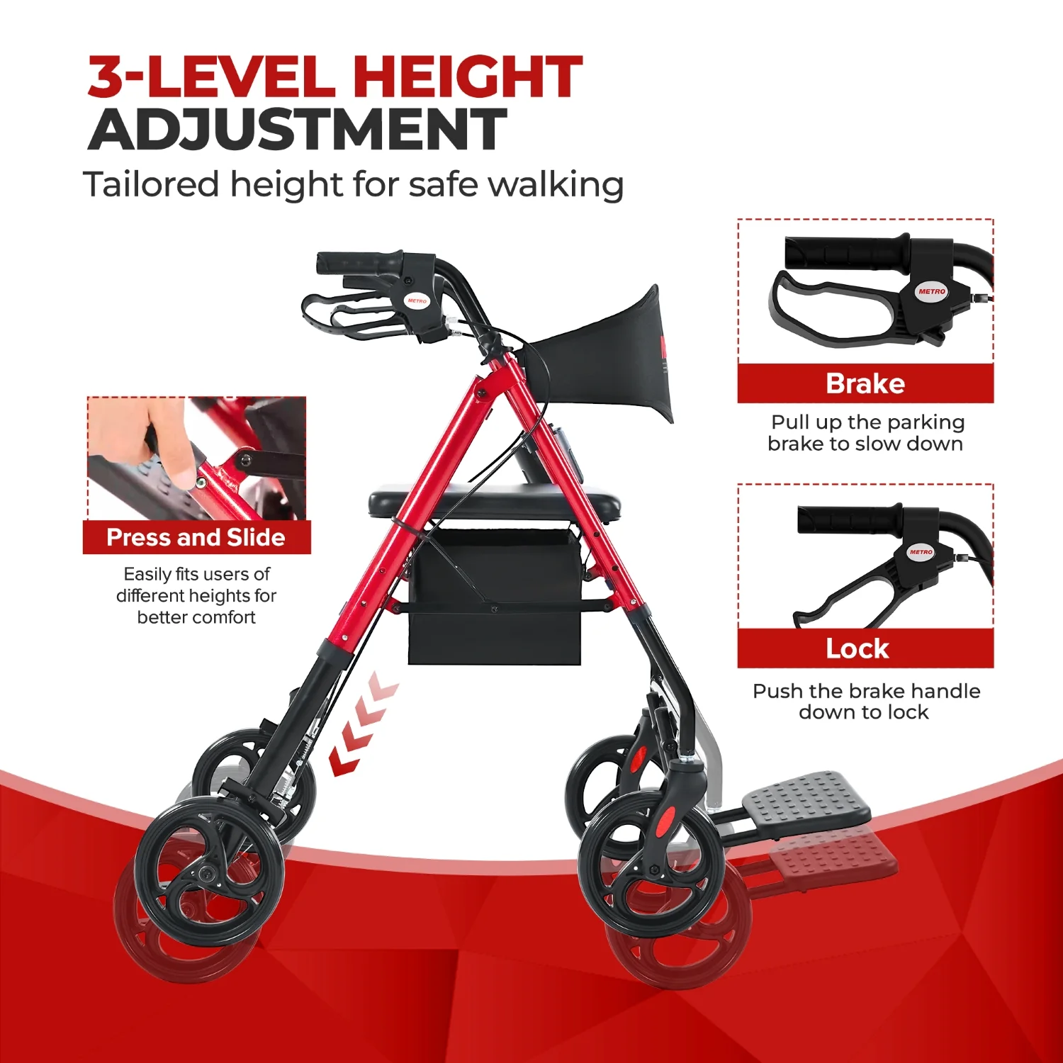 Metro Mobility M913P 2 in 1 Rollator Walker & Transport Wheelchair for Seniors, 8" Big Wheels with Seat for All Terrain, 300 lb. Weight Capacity, Red - Image 5