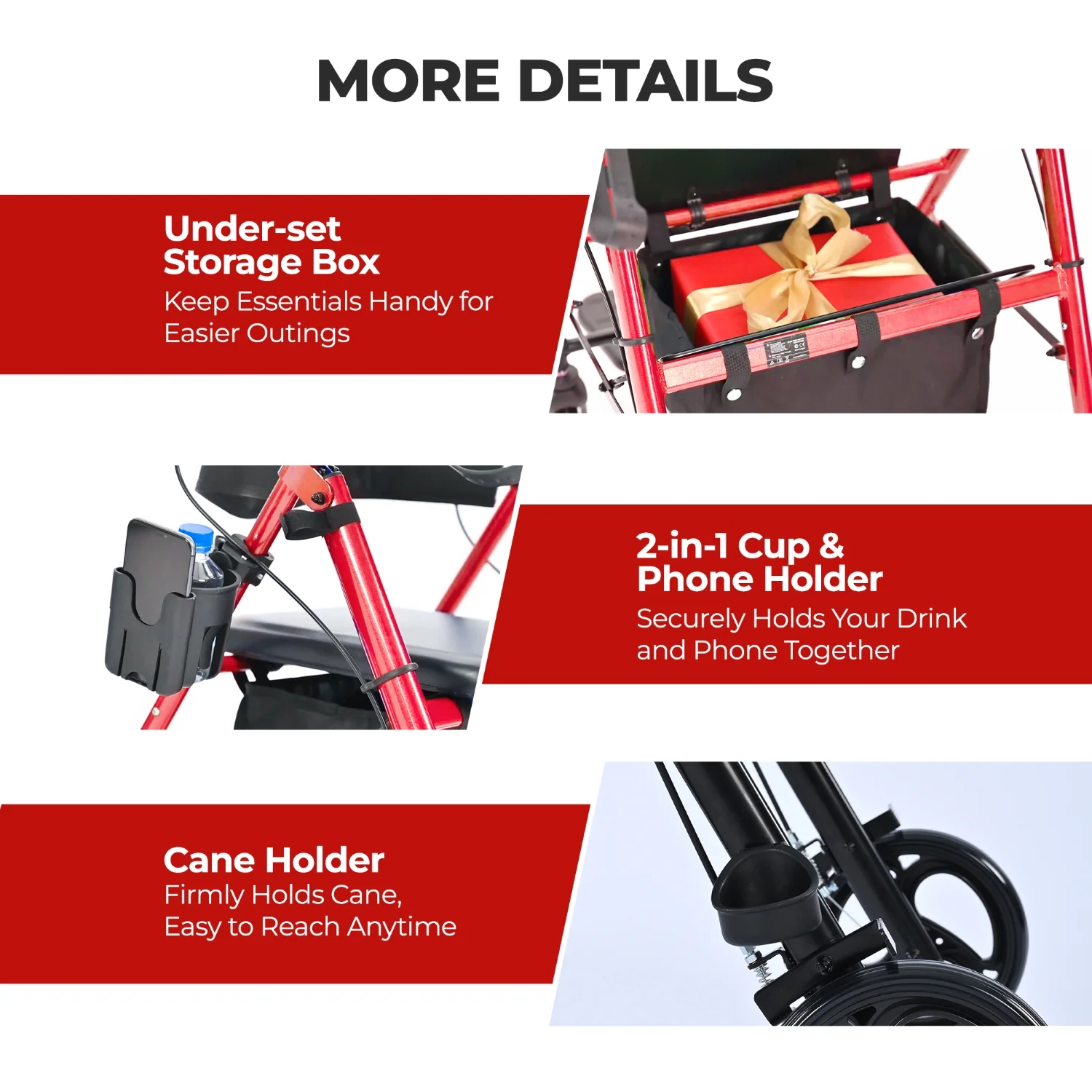 Metro Mobility M913P 2 in 1 Rollator Walker & Transport Wheelchair for Seniors, 8" Big Wheels with Seat for All Terrain, 300 lb. Weight Capacity, Red - Image 6