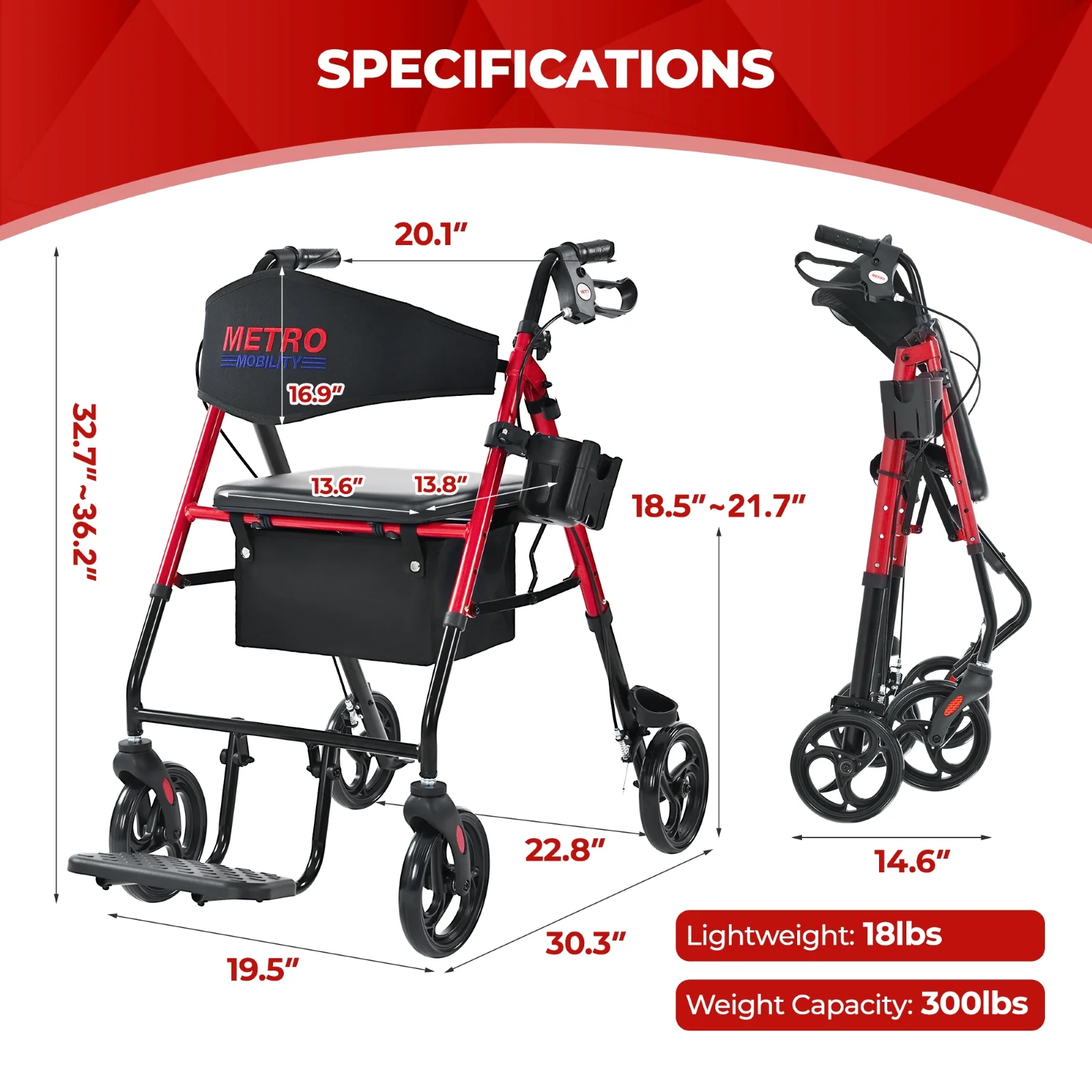 Metro Mobility M913P 2 in 1 Rollator Walker & Transport Wheelchair for Seniors, 8" Big Wheels with Seat for All Terrain, 300 lb. Weight Capacity, Red - Image 7