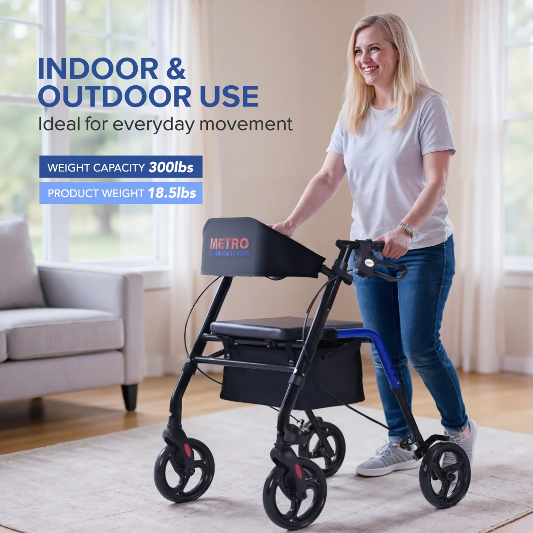 Metro Mobility M934 8" Big Wheels Rollator Walker with Seat for Seniors, Foldable Lightweight Rolling Walker for All Terrain, 300 lb. Weight Capacity, Blue - Image 2