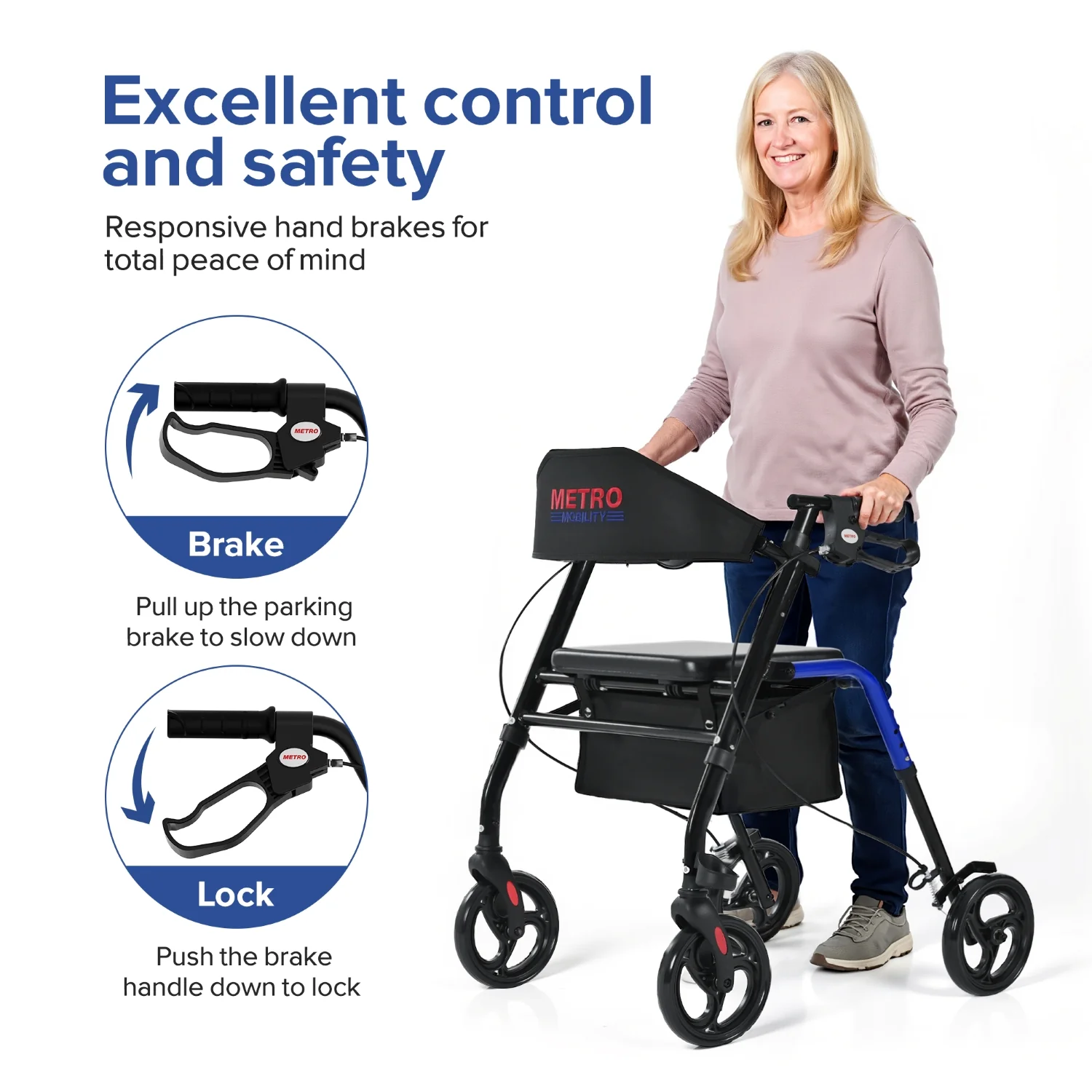 Metro Mobility M934 8" Big Wheels Rollator Walker with Seat for Seniors, Foldable Lightweight Rolling Walker for All Terrain, 300 lb. Weight Capacity, Blue - Image 3