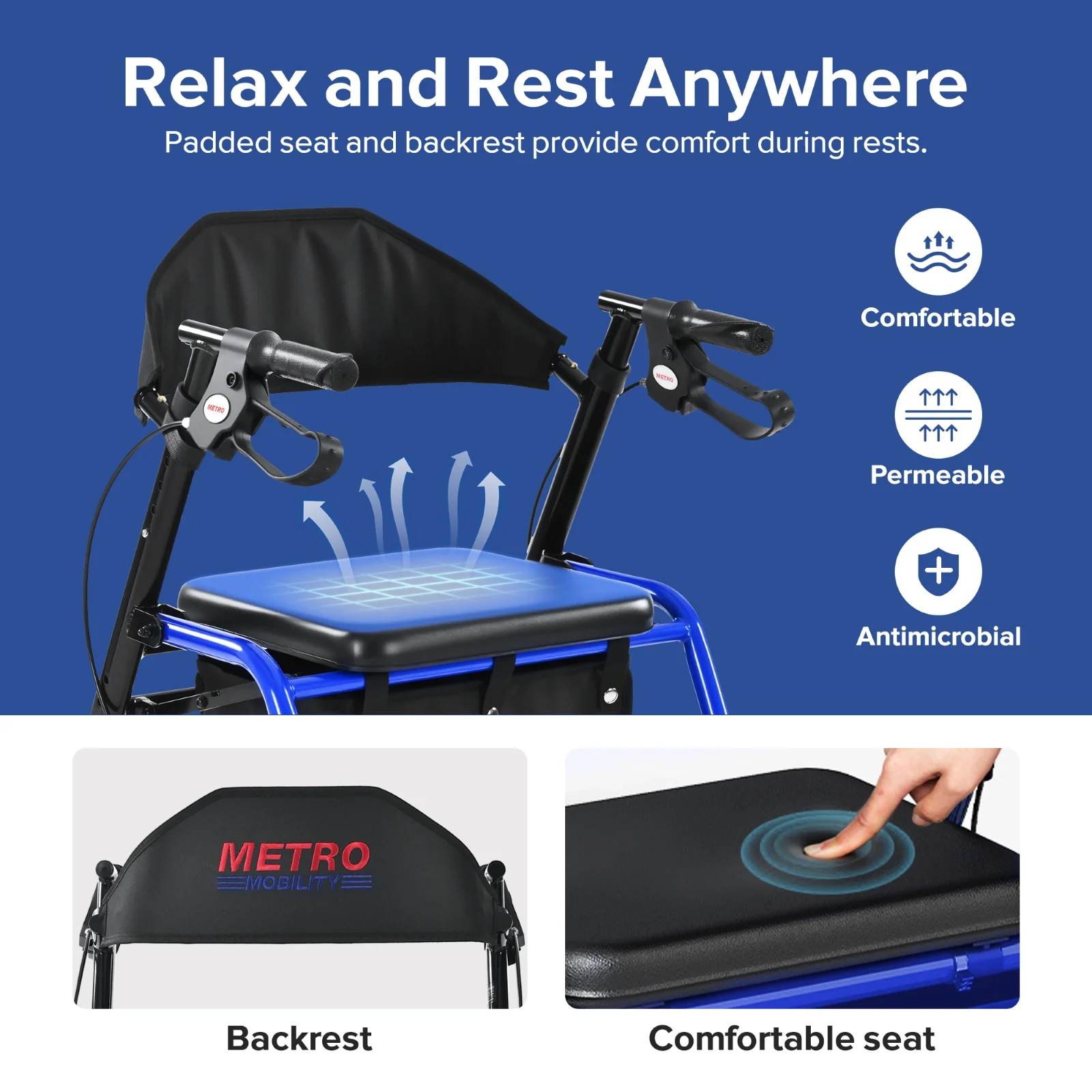 Metro Mobility M934 8" Big Wheels Rollator Walker with Seat for Seniors, Foldable Lightweight Rolling Walker for All Terrain, 300 lb. Weight Capacity, Blue - Image 4