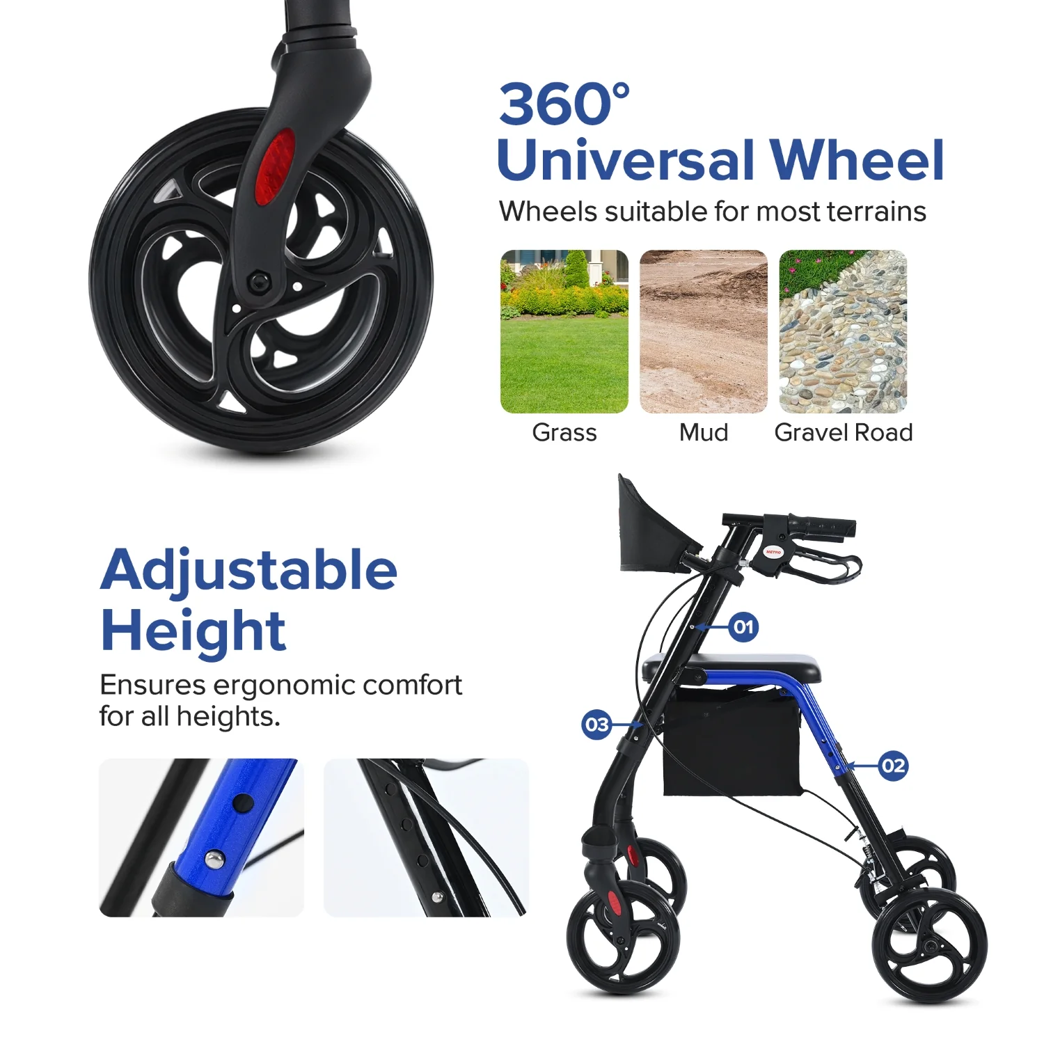 Metro Mobility M934 8" Big Wheels Rollator Walker with Seat for Seniors, Foldable Lightweight Rolling Walker for All Terrain, 300 lb. Weight Capacity, Blue - Image 5