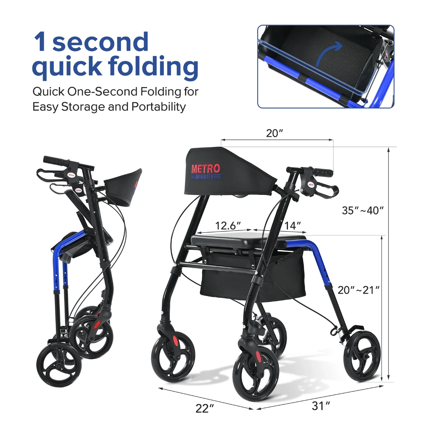 Metro Mobility M934 8" Big Wheels Rollator Walker with Seat for Seniors, Foldable Lightweight Rolling Walker for All Terrain, 300 lb. Weight Capacity, Blue - Image 6
