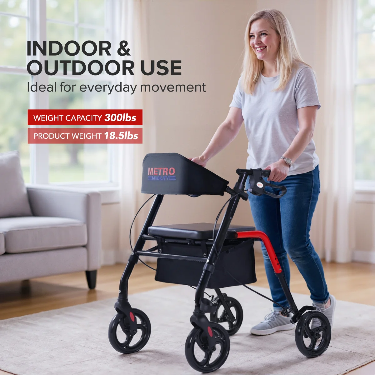 Metro Mobility M934 8" Big Wheels Rollator Walker with Seat for Seniors, Foldable Lightweight Rolling Walker for All Terrain, 300 lb. Weight Capacity, Red - Image 2