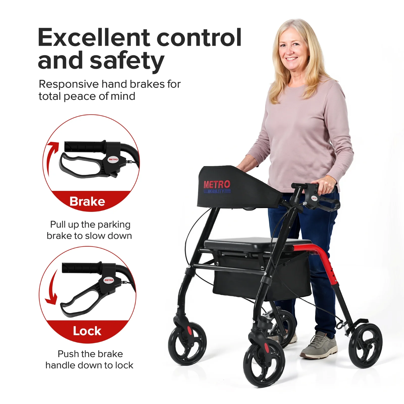 Metro Mobility M934 8" Big Wheels Rollator Walker with Seat for Seniors, Foldable Lightweight Rolling Walker for All Terrain, 300 lb. Weight Capacity, Red - Image 3