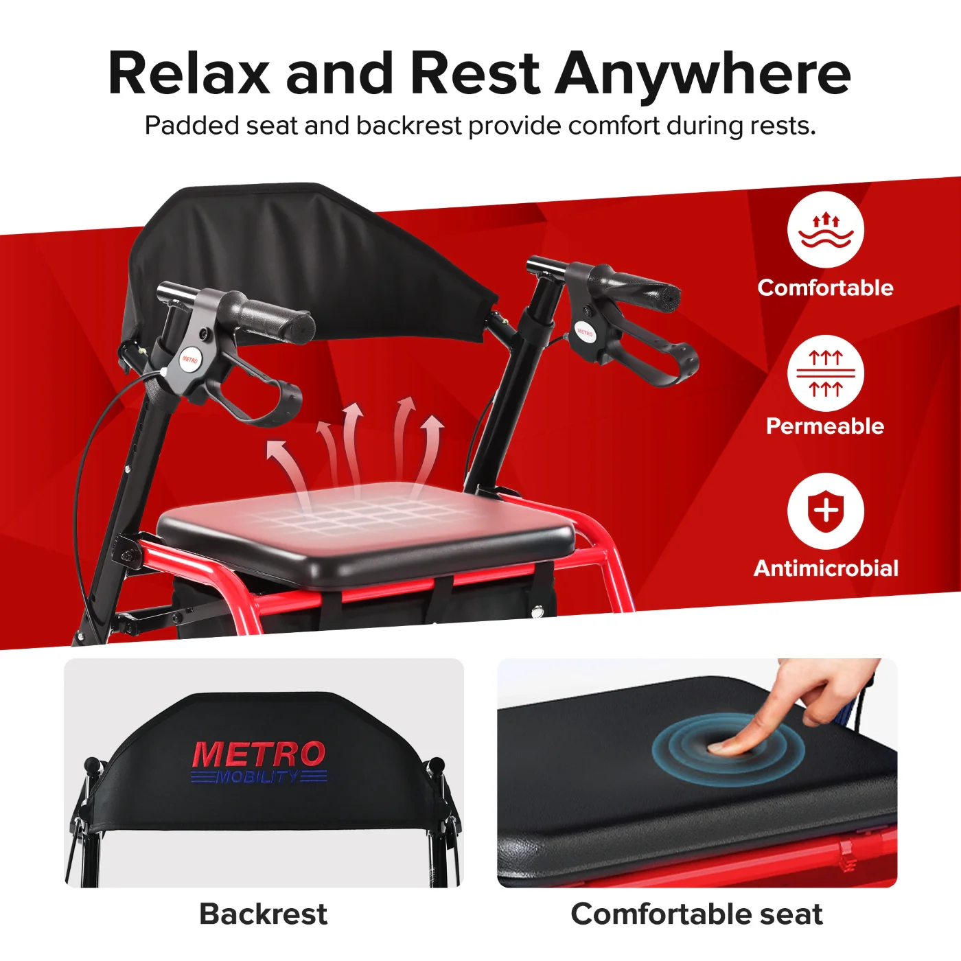 Metro Mobility M934 8" Big Wheels Rollator Walker with Seat for Seniors, Foldable Lightweight Rolling Walker for All Terrain, 300 lb. Weight Capacity, Red - Image 4