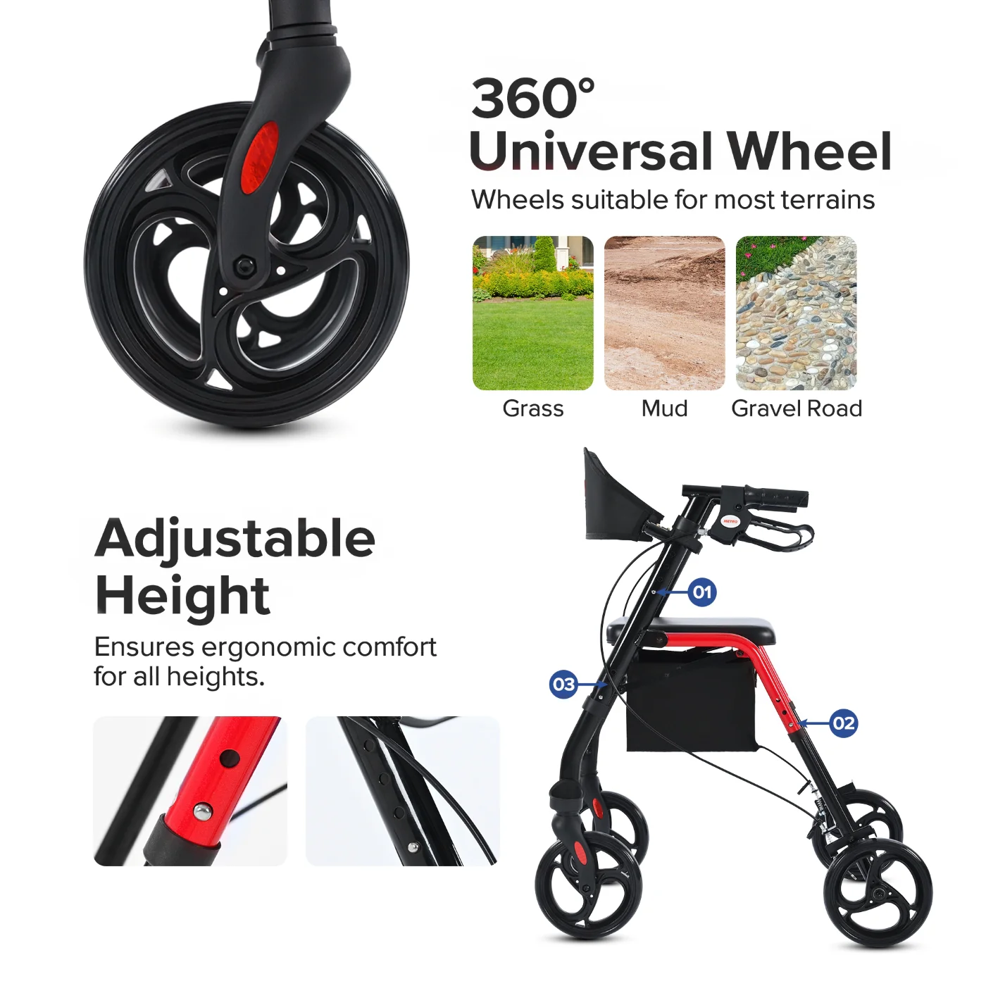 Metro Mobility M934 8" Big Wheels Rollator Walker with Seat for Seniors, Foldable Lightweight Rolling Walker for All Terrain, 300 lb. Weight Capacity, Red - Image 5