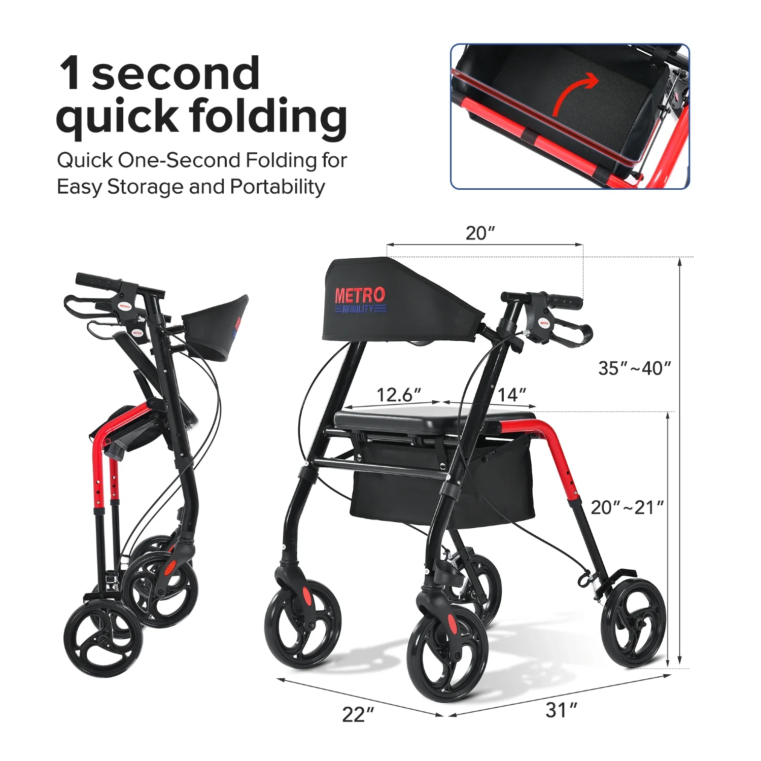 Metro Mobility M934 8" Big Wheels Rollator Walker with Seat for Seniors, Foldable Lightweight Rolling Walker for All Terrain, 300 lb. Weight Capacity, Red - Image 6