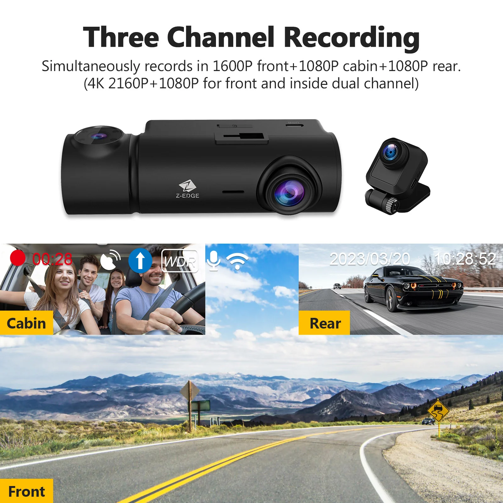 Refurbished: T3P 3-Channel Touch Screen 4K Dash Cam, 4K+1080P Front and Inside, 1600P+1080P+1080P Car Camera, WiFi&App Connection, IR Night Vision, Super Capacitor, Support 512GB Max (64GB Card Included) - Image 2