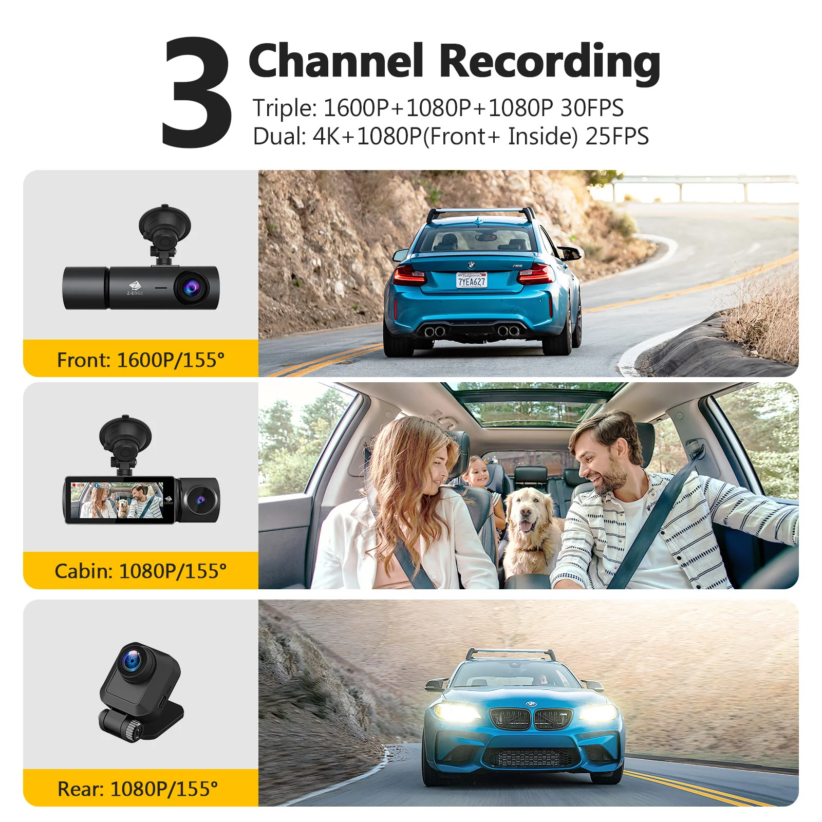 Refurbished: T3P 3-Channel Touch Screen 4K Dash Cam, 4K+1080P Front and Inside, 1600P+1080P+1080P Car Camera, WiFi&App Connection, IR Night Vision, Super Capacitor, Support 512GB Max (64GB Card Included) - Image 3