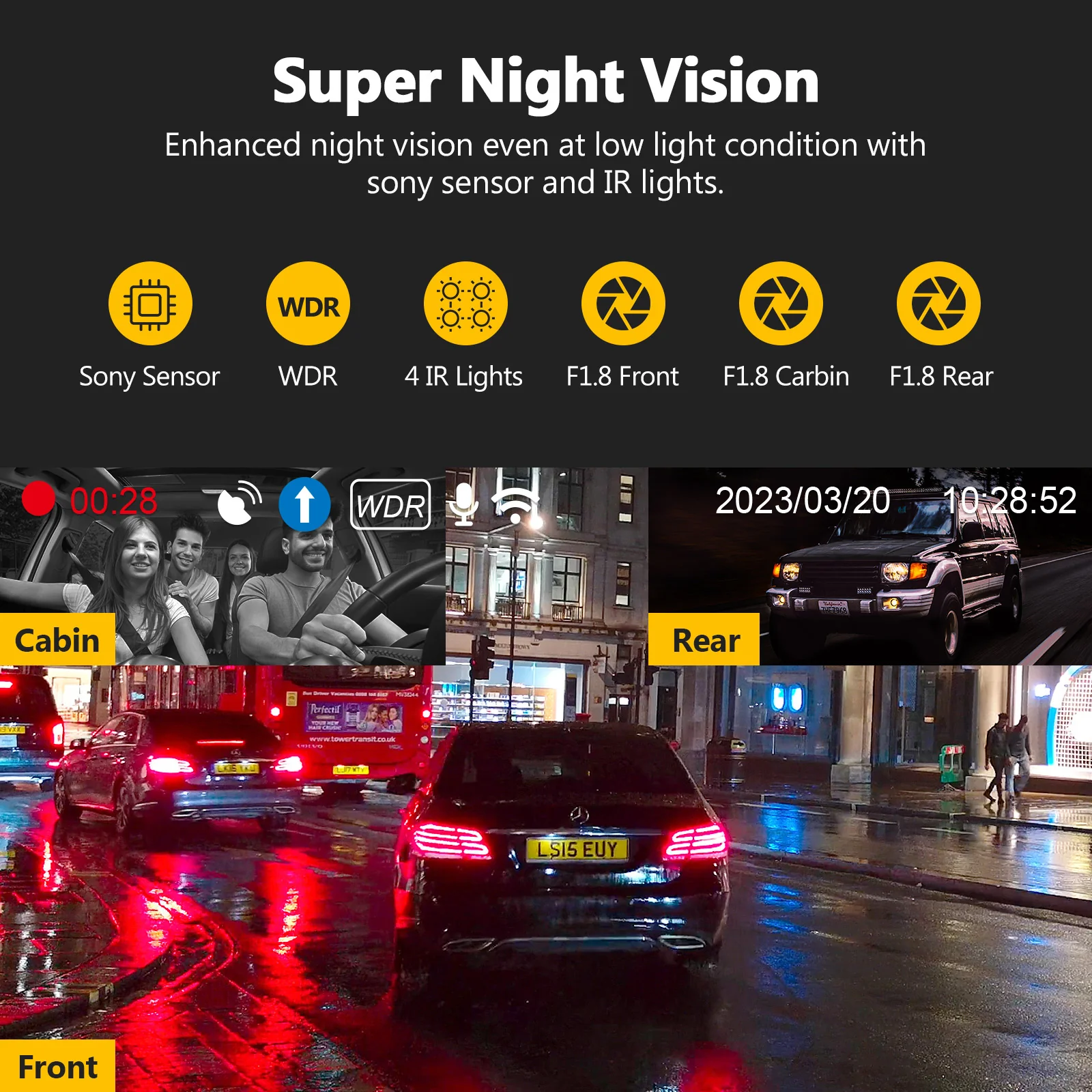 Refurbished: T3P 3-Channel Touch Screen 4K Dash Cam, 4K+1080P Front and Inside, 1600P+1080P+1080P Car Camera, WiFi&App Connection, IR Night Vision, Super Capacitor, Support 512GB Max (64GB Card Included) - Image 4